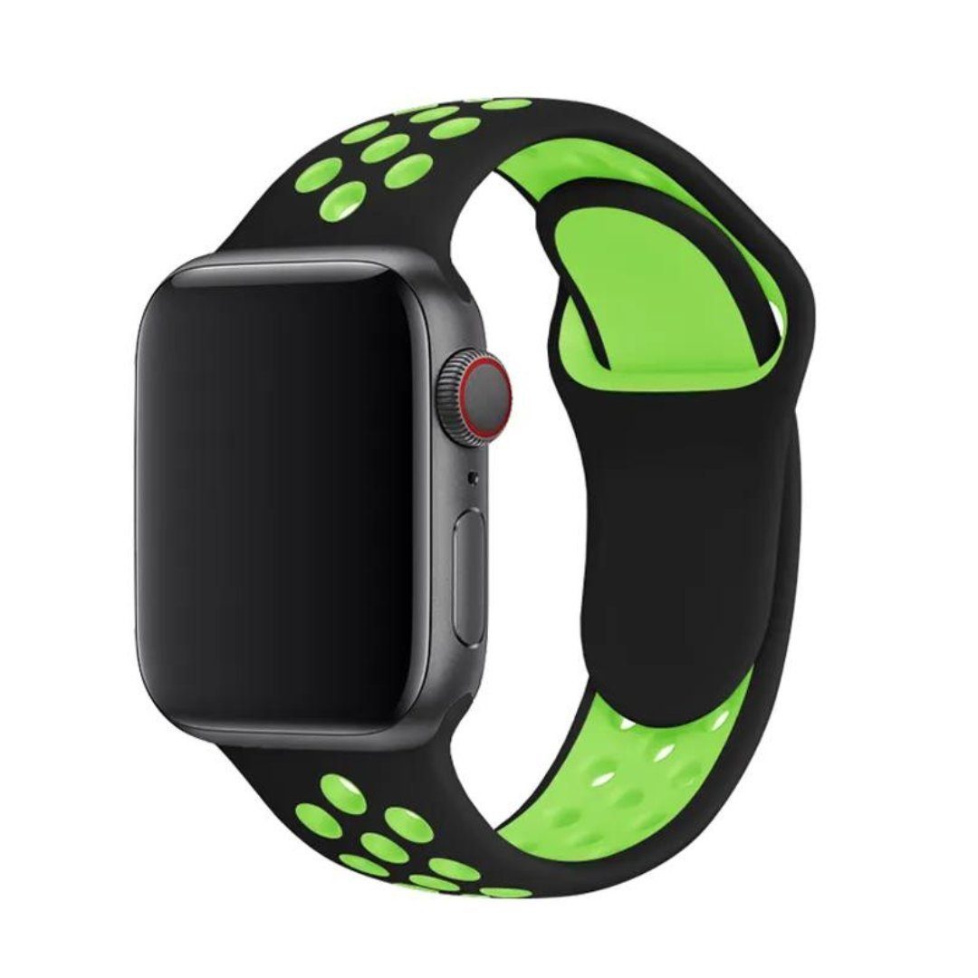 SmartUP Uhrenarmband Sport Silikon Armband für Apple Watch 1/2/3/4/5/6/7/8 SE Ultra, Sportband 38/40/41mm 42/44/45/49mm, Silikon Ersatz Armband #2 Schwarz-Grün | Uhrenarmbänder