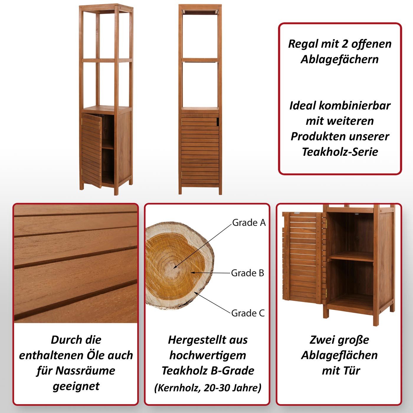 MCW Badregal MCW-M84-R, Hergestellt aus hochwertigem Teakholz B-Grade (Kernholz, 20-30 Jahre)