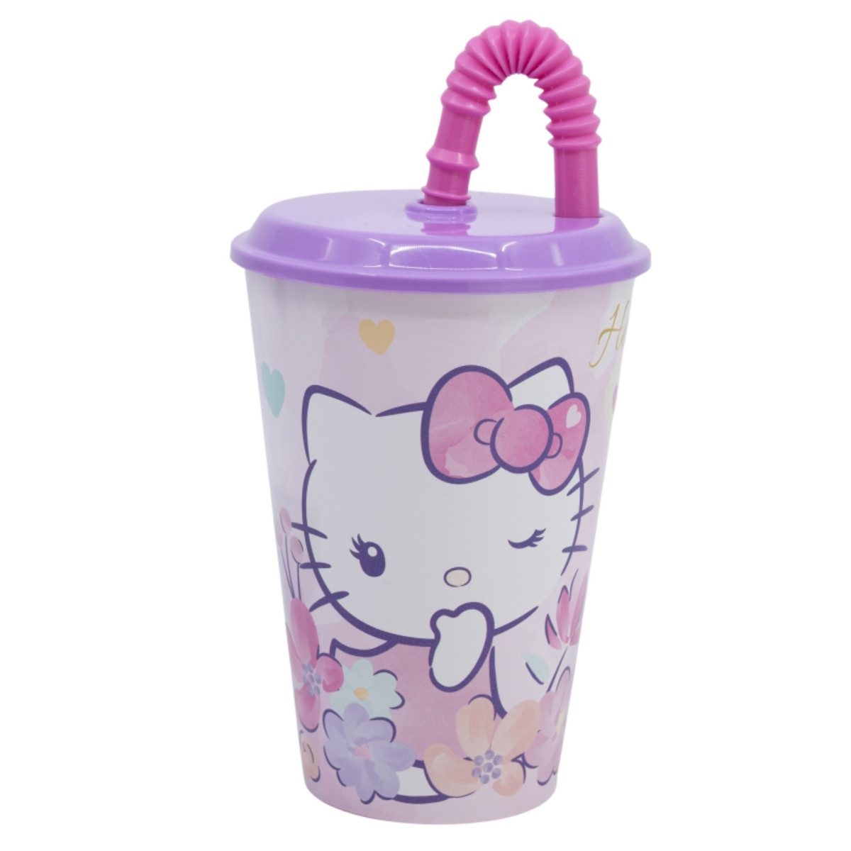Hello Kitty Trinkflasche Trinkbecher 430 ml mit Deckel und Strohhalm
