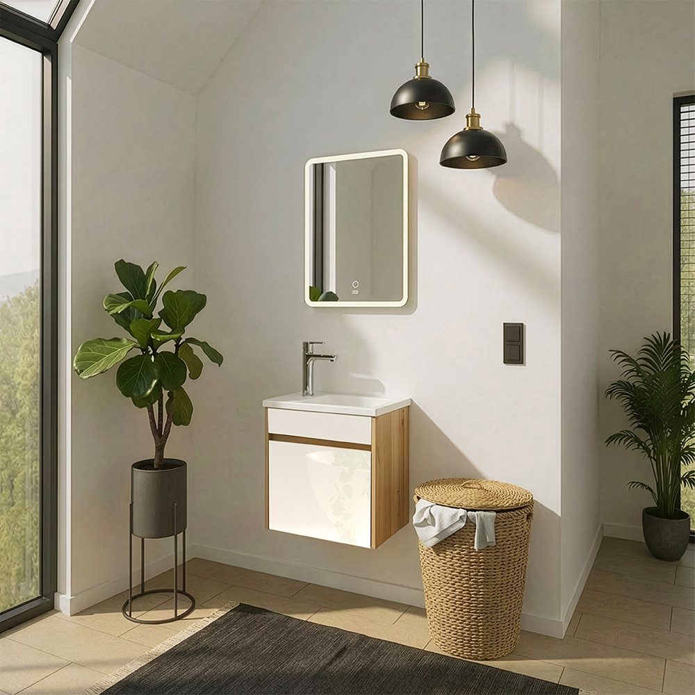 HOME DELUXE Badmöbel-Set BORKUM, (bestehend aus LED-Spiegel, Keramik-Waschbecken, Waschbeckenschrank), Hochglanz-Oberfläche, Soft-Close, Badezimmerset, Badmöbel