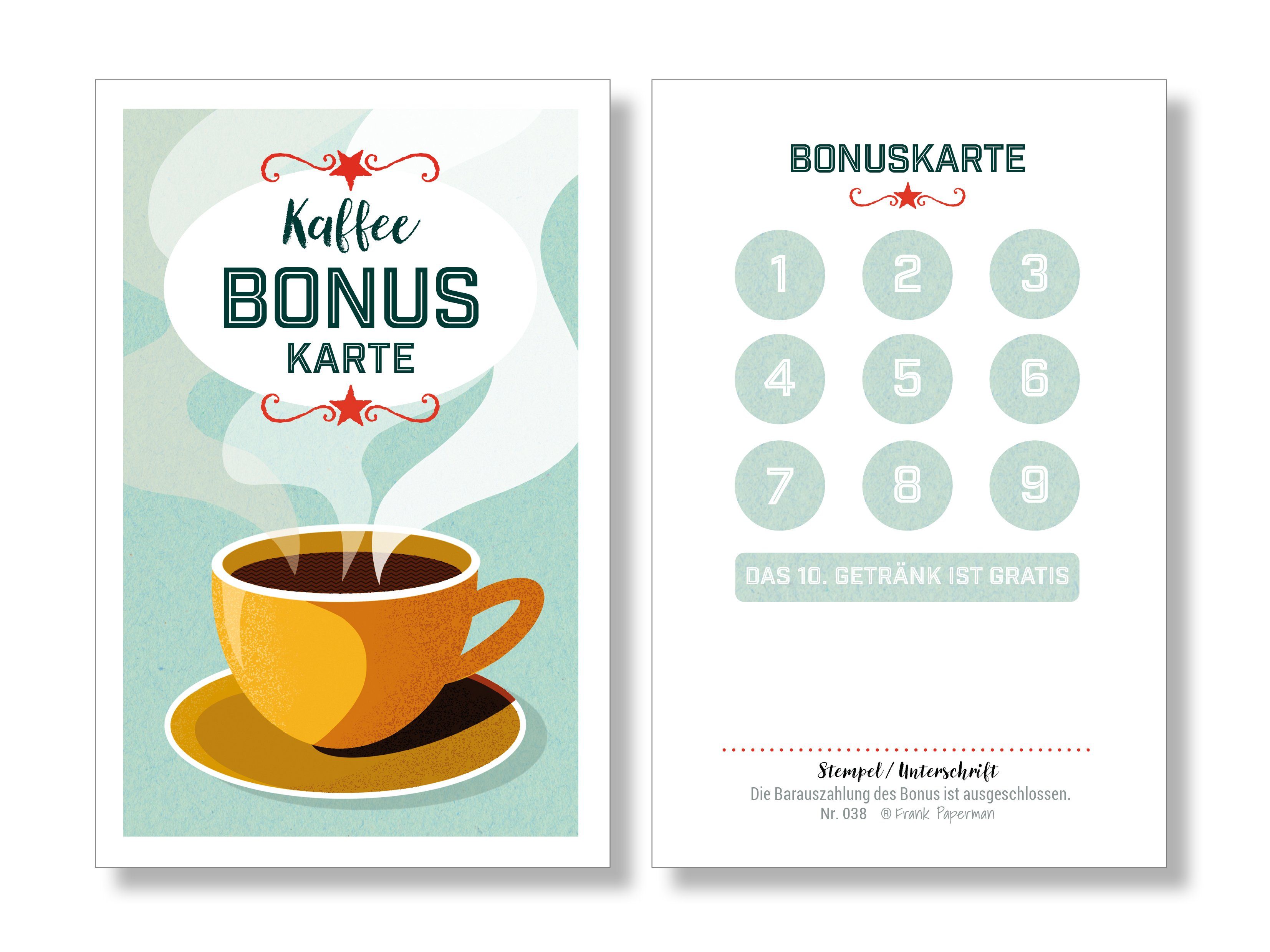 Frank Paperman Visitenkarten 125/200/500 Bonuskarten Kaffee Kunden, Stempelkarte, Treuekarte, 100 % Recylingpapier, Café, Belohnung, Kundenbindung, Sammelkarte