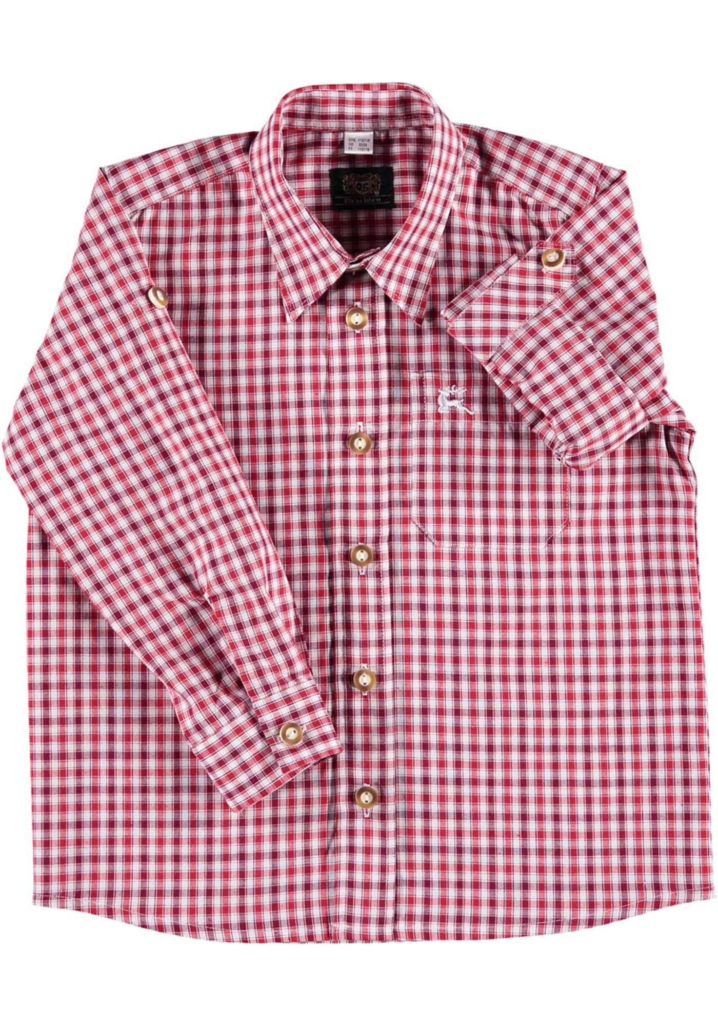 OS-Trachten Trachtenhemd Skimli Langarm auf Hemd Brusttasche Jungen Hirsch-Stickerei der mit hochrot