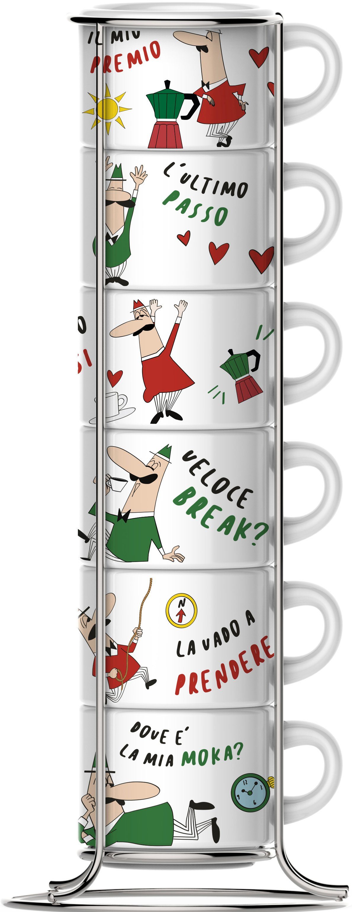 BIALETTI Espressotasse, 7-tlg., Metall, Porzellan, (6 Espressotassen mit Metallgestell)