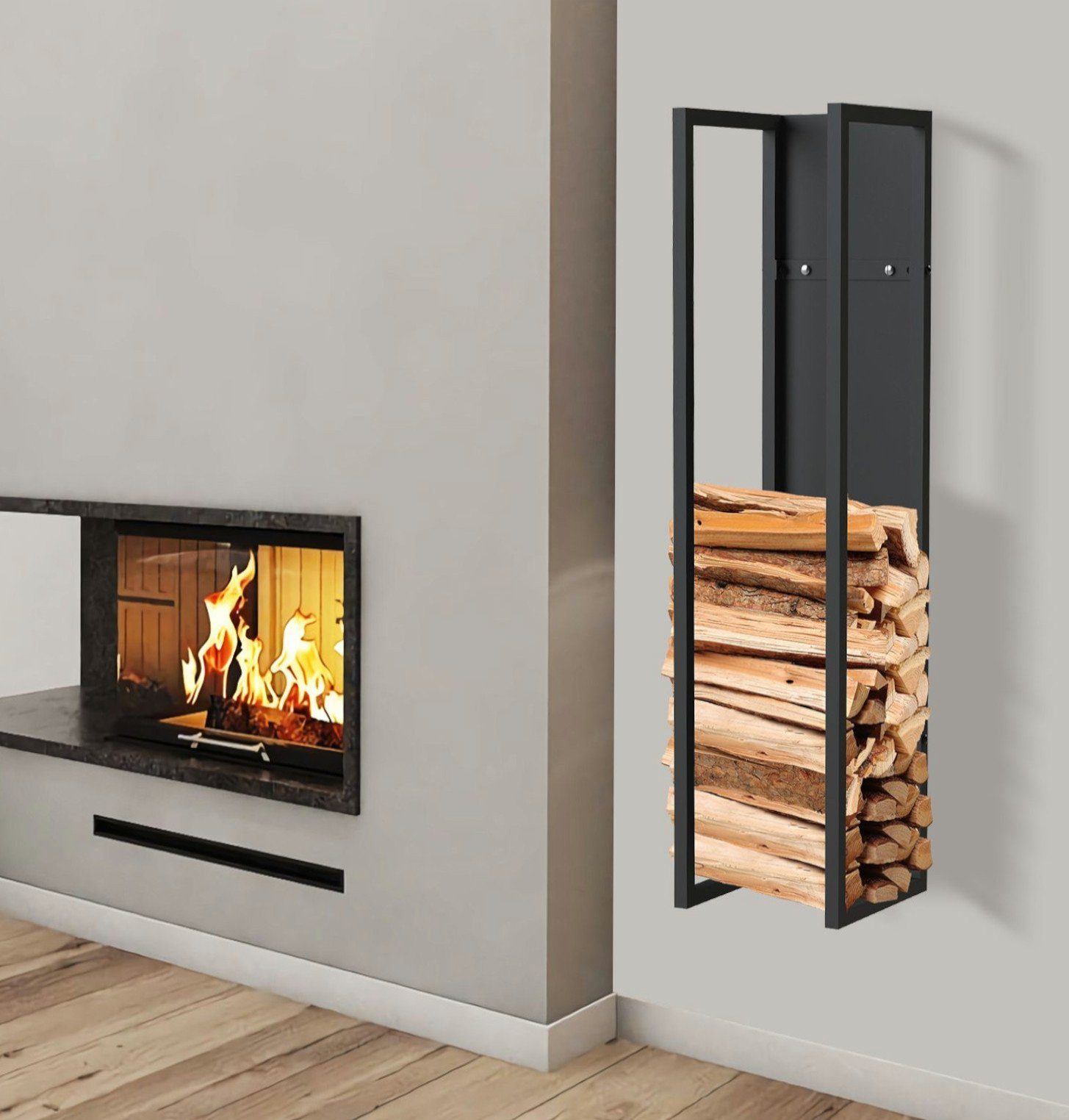 DanDiBo Kaminholzregal Innen Wand Metall Hängend Schwarz mit Rückwand Brennholzregal, Höhen 100 cm / 120 cm / 140 cm / 160 cm