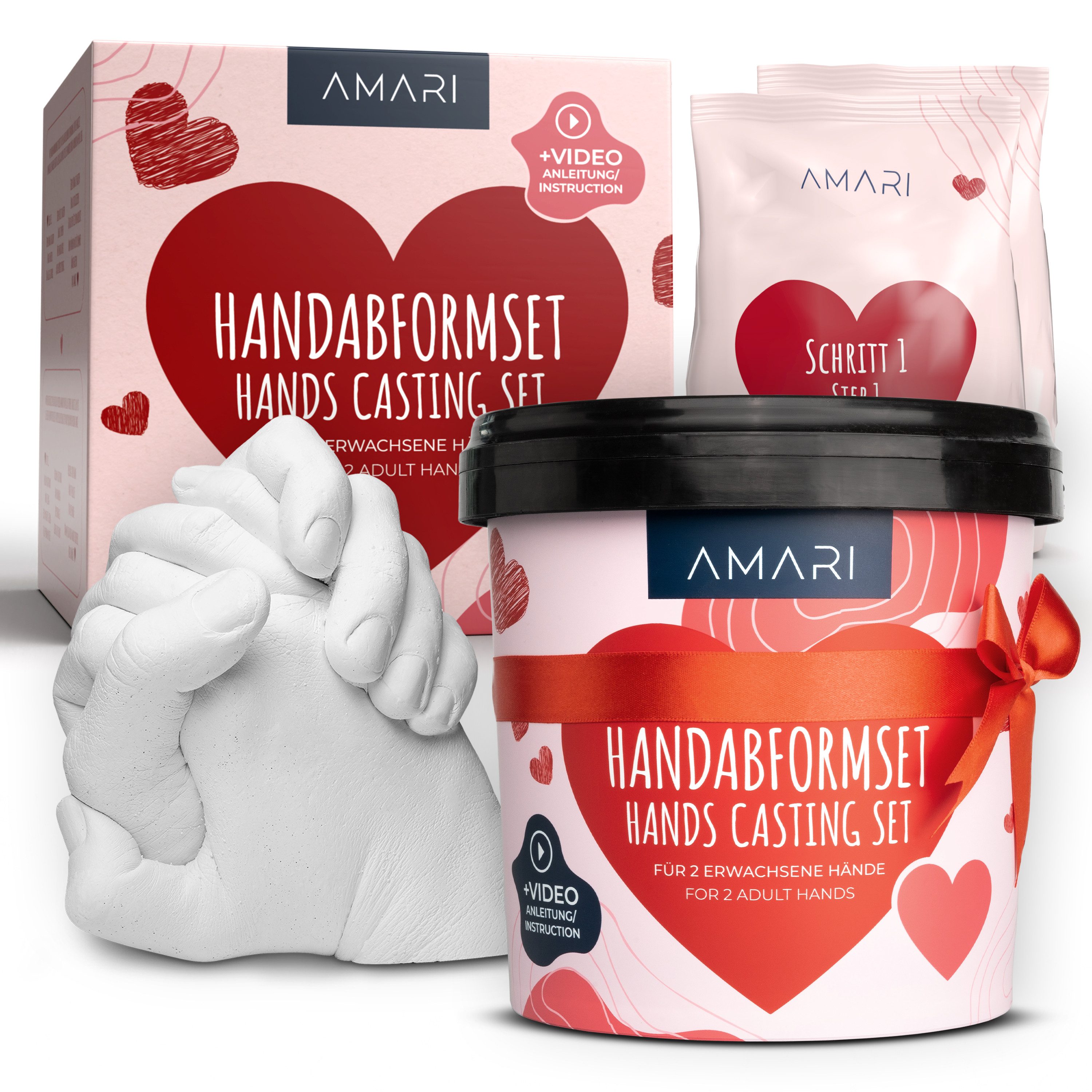 Amari Handabdruck-Set Geschenkidee für Paare, Familie & Freundin - 3D Gipsabdruck, Komplettset, 1 Abdruck für 2 Hände, inkl. Videoanleitung, Geschenk zu Valentinstag, Jahrestag & Hochzeit