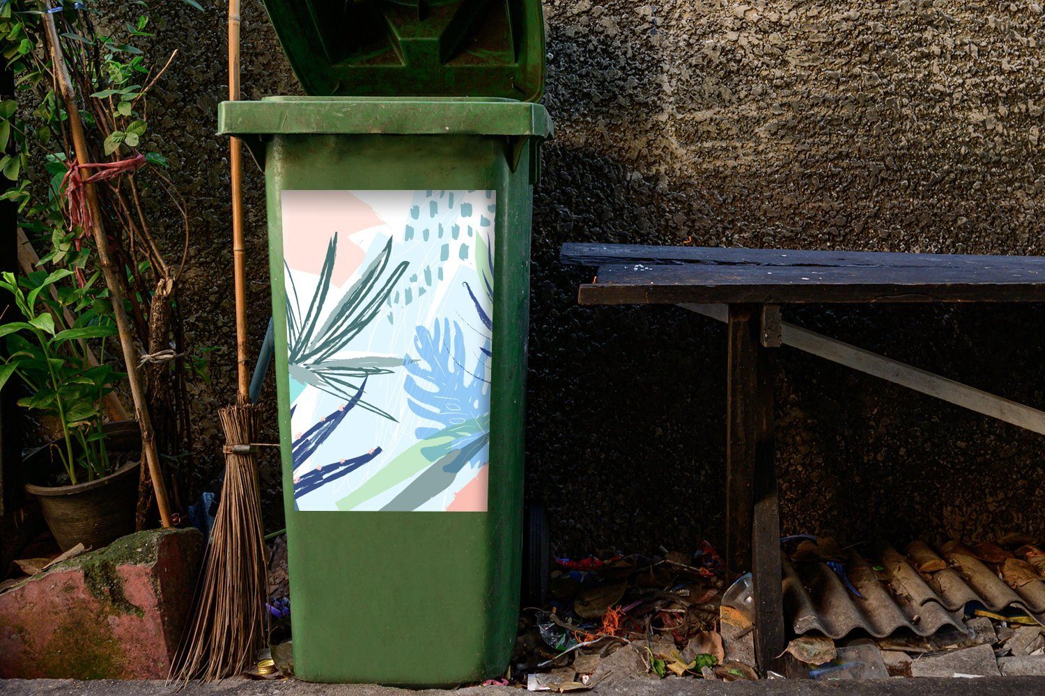 - Abfalbehälter St), Pflanze Wandsticker Mülleimer-aufkleber, (1 Container, Hellblau Sticker, Sommer - Mülltonne, MuchoWow