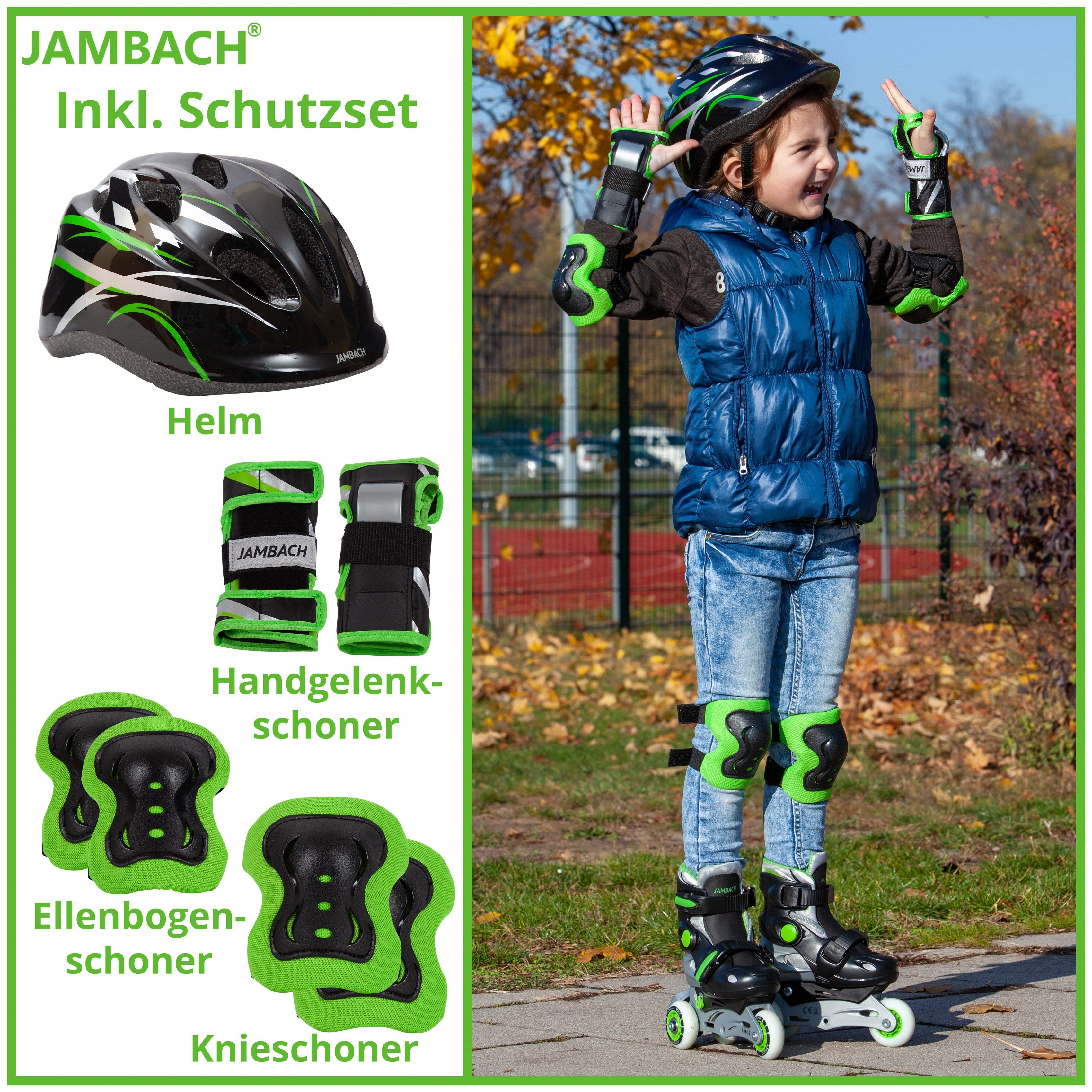 JAMBACH Inlineskates, (Set, blinkende Größe Set Helm, Rucksack), verstellbare grün Rolle Inliner, Einsteiger Protektoren