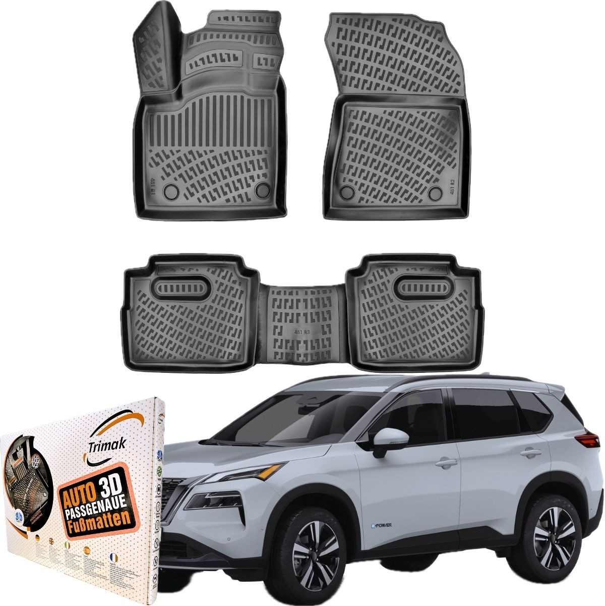 Trimak Passform-Fußmatten Oder Kofferraumwanne Oder Set für Nissan X-Trail, Nissan X-Trail e-Power ab 2022 Gummimatten Auto TPE Allwetter