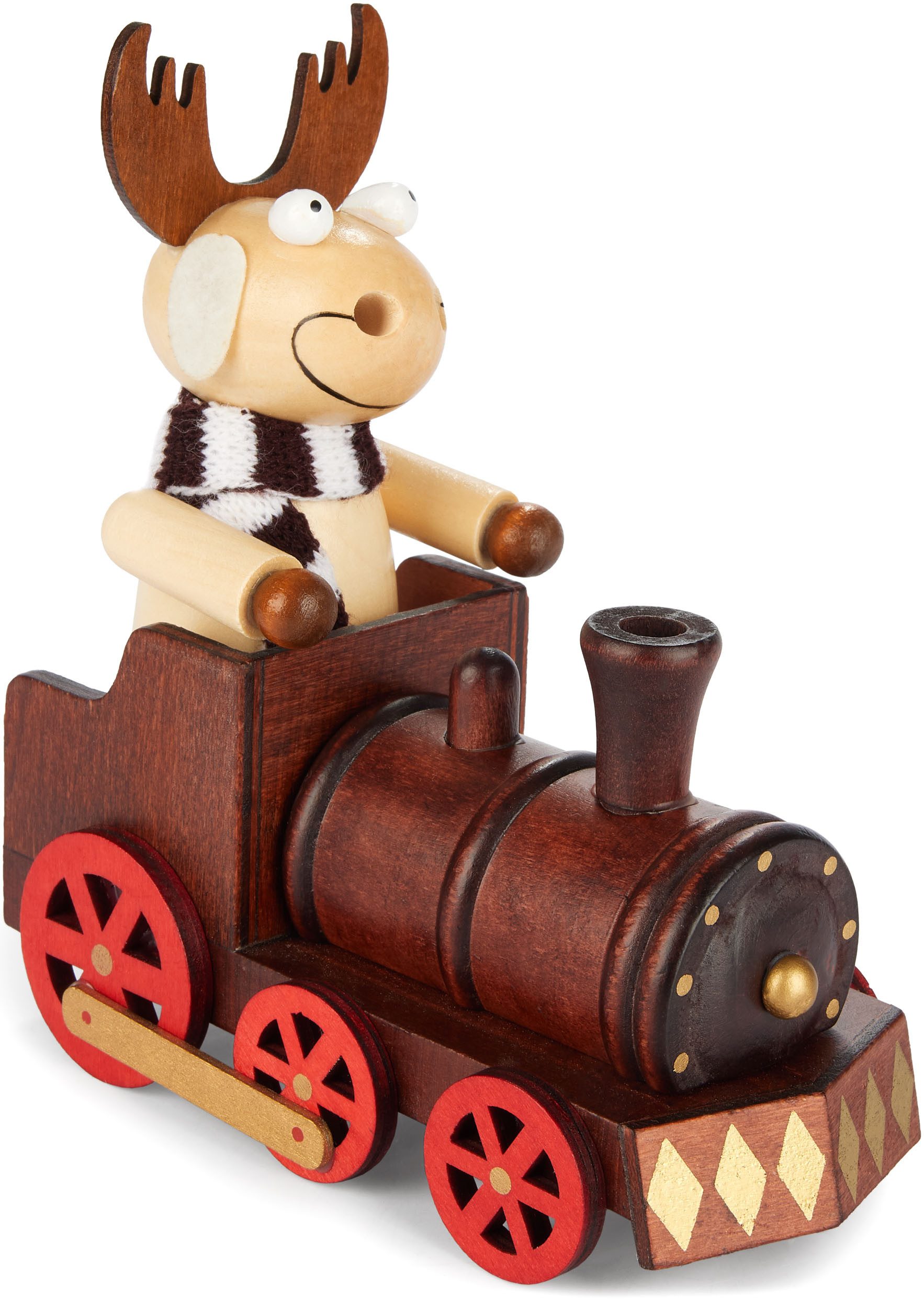 BRUBAKER Räuchermännchen Räucherelch aus Holz - Elch mit Schal und Lokomotive, (1 St), Handbemalte Rauchfigur Tischdeko für Weihnachten