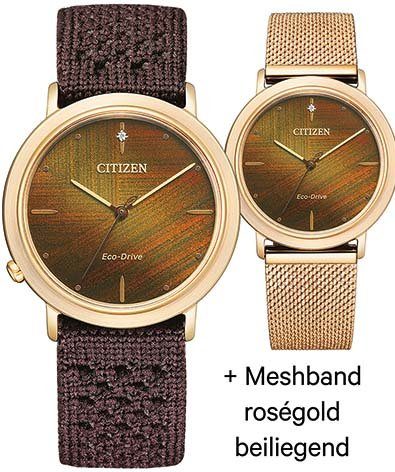 Citizen Solaruhr EM1003-48X, (Set, 2-tlg., mit Wechselband),  Edelstahlgehäuse, roségoldfarben IP-beschichtet, Ø ca. 34 mm