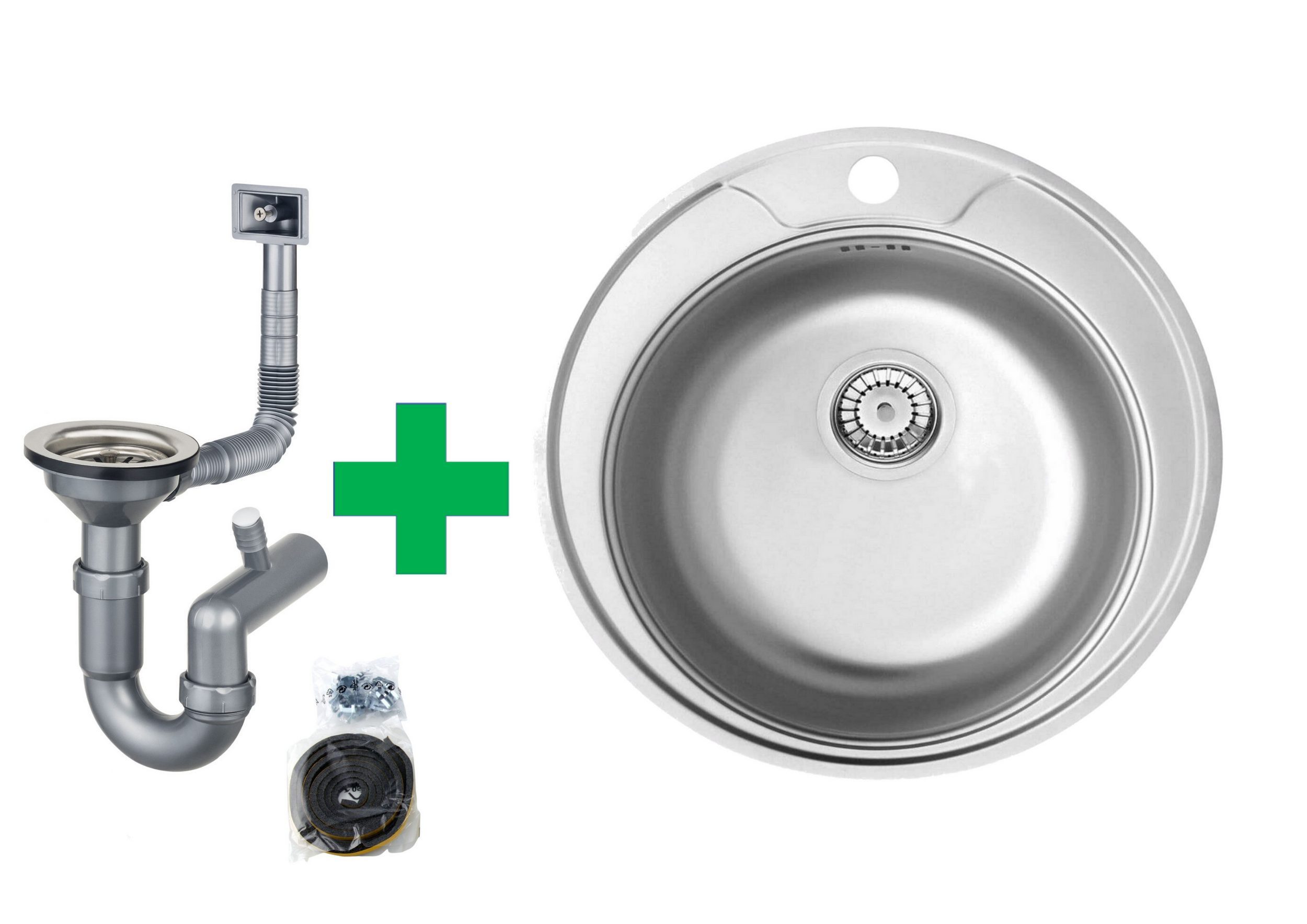 Faizee Möbel Edelstahlspüle Edelstahlspüle Ø 51 cm +Armatur wählbar Küchenspüle inkl. Siphon Set, Rund, 51/49 cm