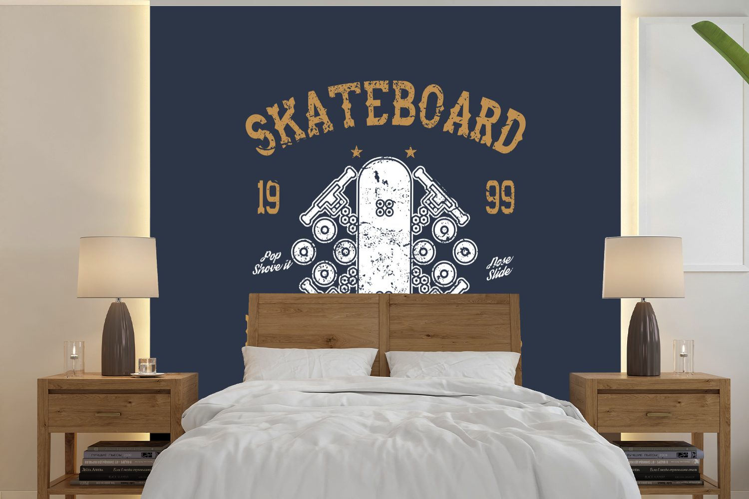 MuchoWow Fototapete Skateboard - Weiß - Retro - Zitat, Matt, bedruckt, (5 St), Vinyl Tapete für Wohnzimmer oder Schlafzimmer, Wandtapete