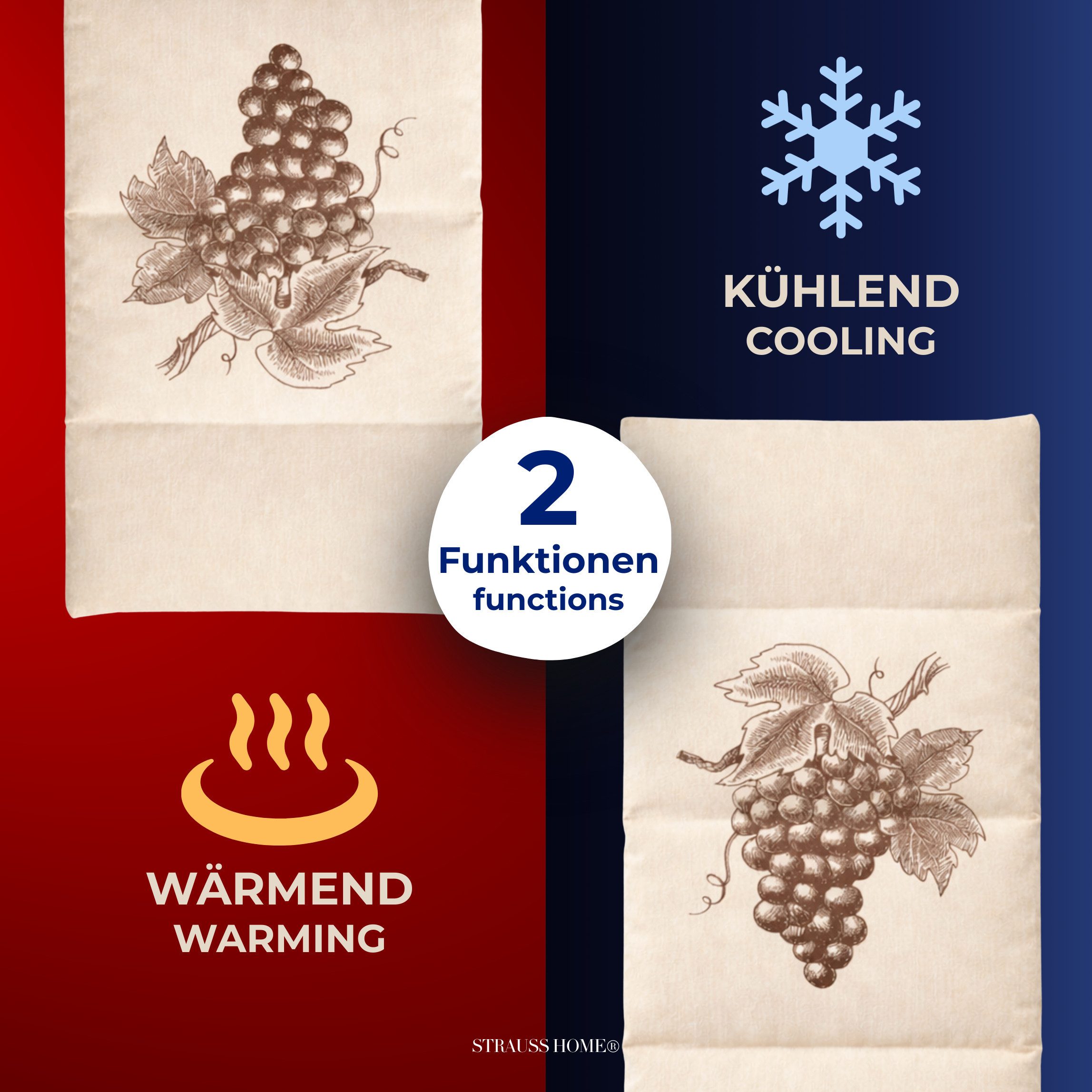 Strauss Home Wärmekissen Premium Traubenkernkissen 20x50cm – Bezug abnehmbar & waschbar, (1-tlg), Gegen Nackenverspannungen und Koliken mit Traubenkernen