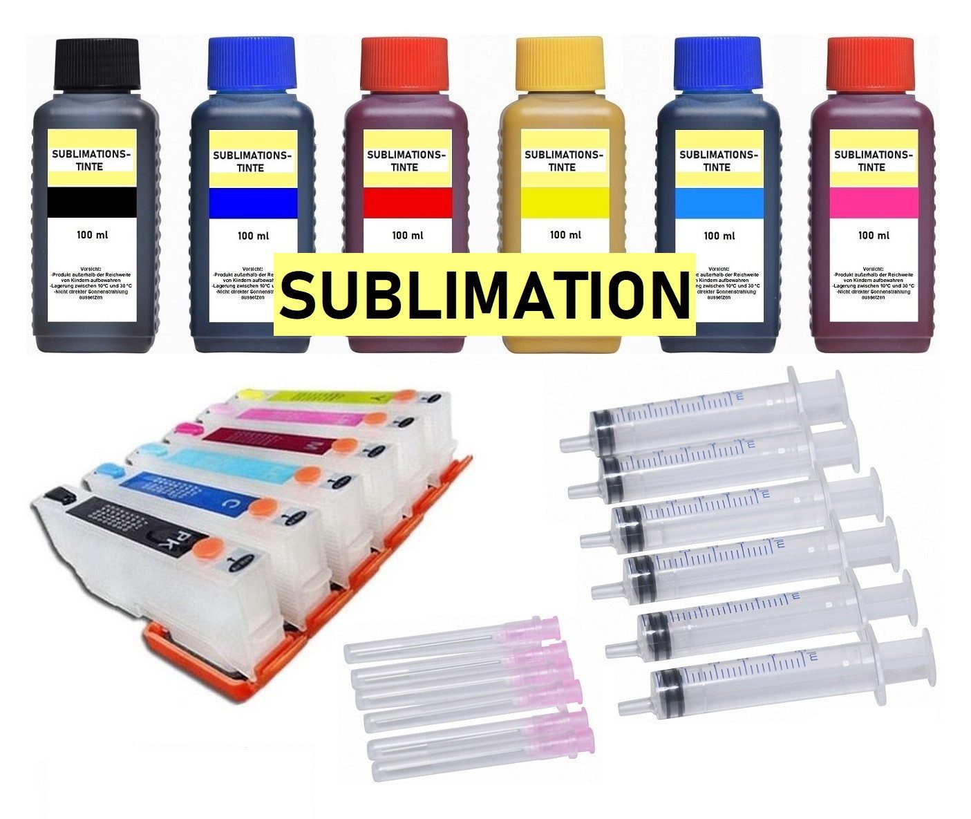 inkpro nachfüllbare Patronen T24 XL mit 6 x 100 ml Sublimationstinte, Tintenpatrone (für Epson Expression Photo XP-55, XP-750, XP-760, XP-850, XP-860, XP-950, XP-960, XP-970, mit 6 x 100 ml Sublimationstinte und Zubehör)