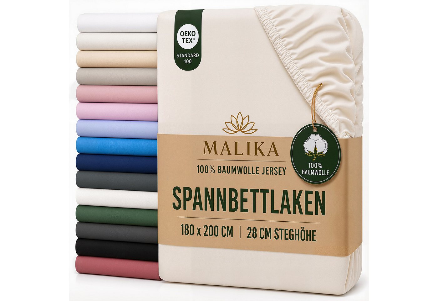 Malika Spannbettlaken aus 100% Baumwolle, 90-100x200, Beige, Jersey Baumwolle, Gummizug: Ja, (1 Stück), Allergikergeeignet, Pflegeleicht und Atmungsaktiv