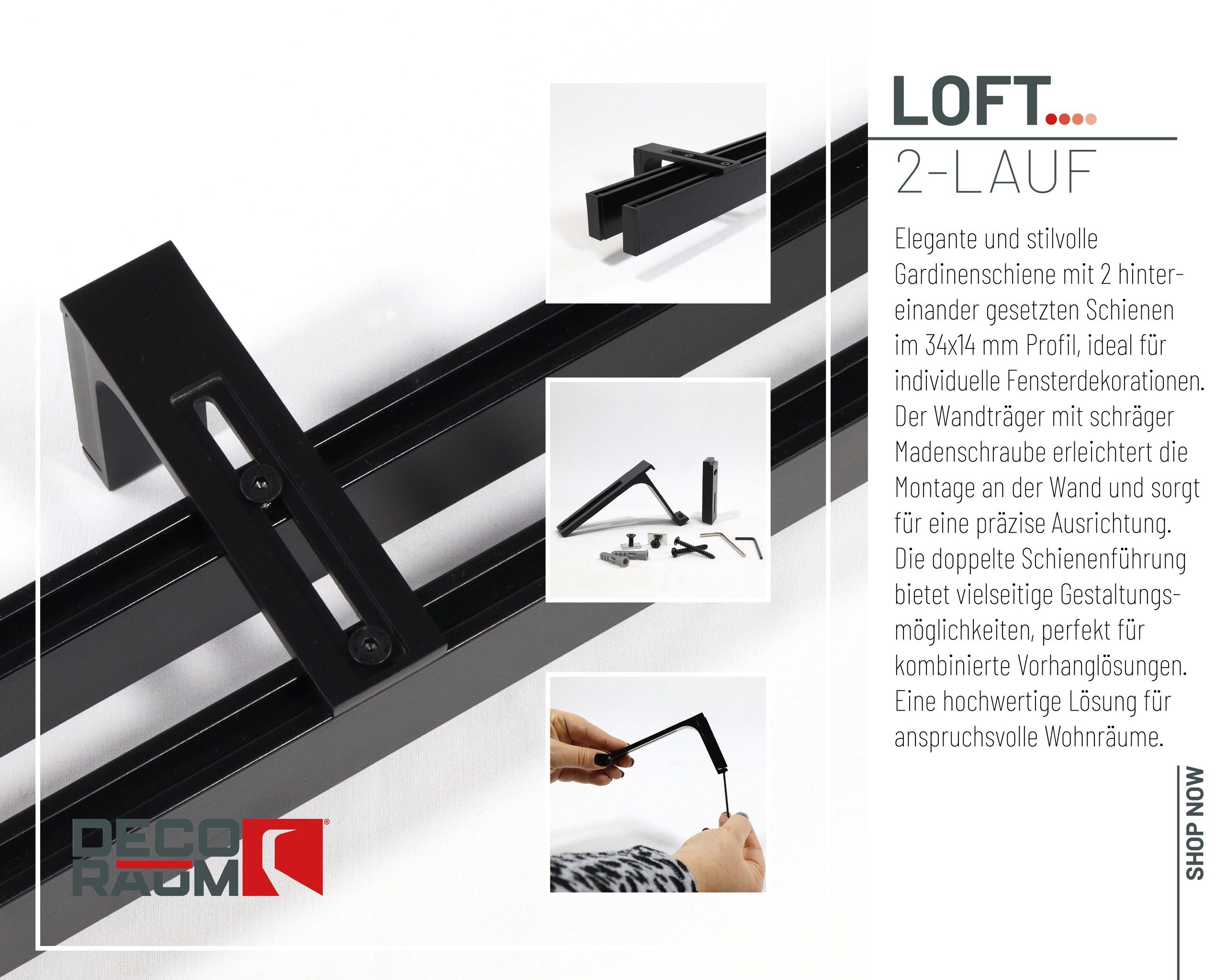 Deco-Raum Gardinenstange Innenlauf eckig, 2-läufig, Wunschmaßlänge, kürzbar, Wandträger, Geschraubt, Metall