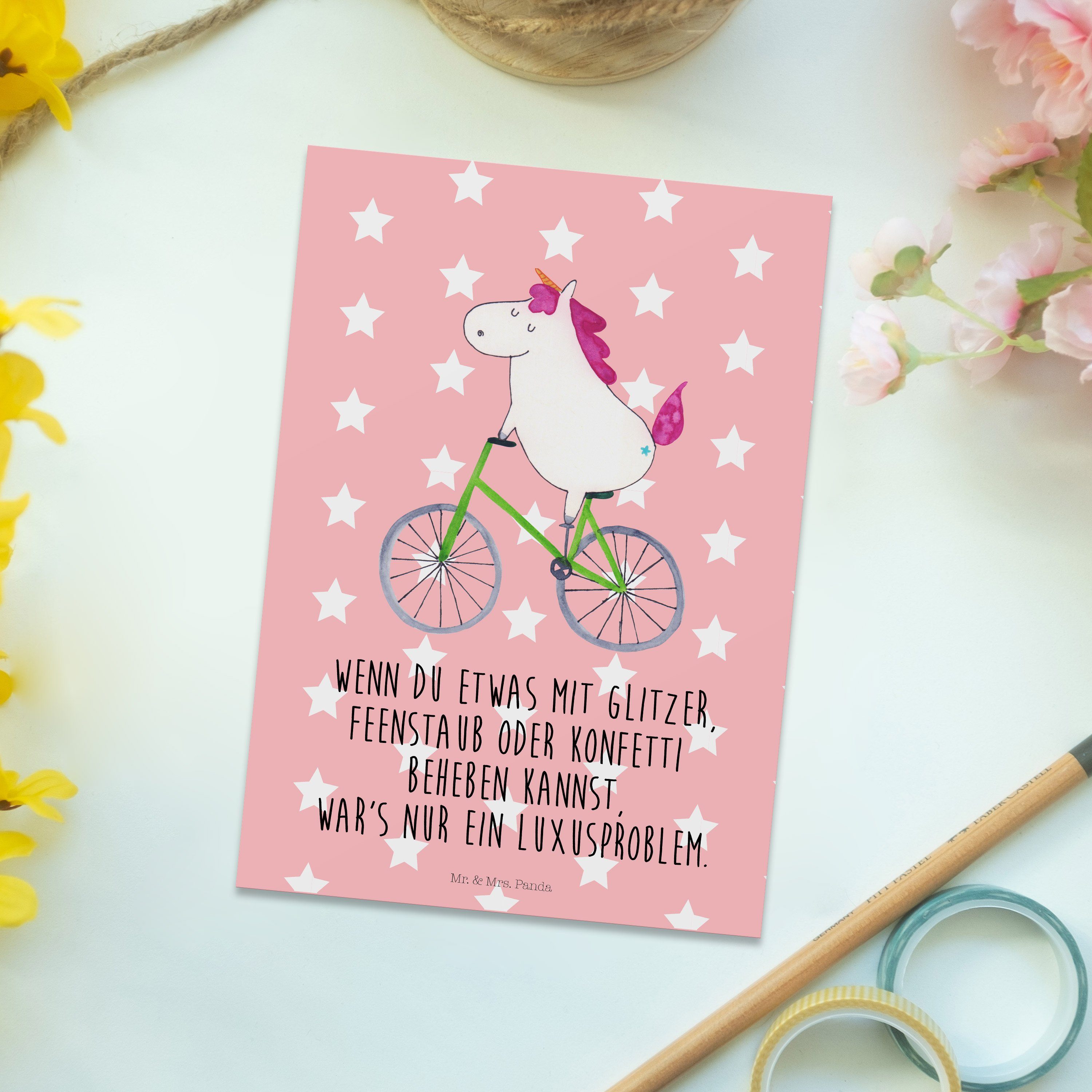 Geschenk, - Einladungska Mrs. Postkarte Panda Pastell Einhorn - Rot Dankeskarte, Mr. & Radfahrer