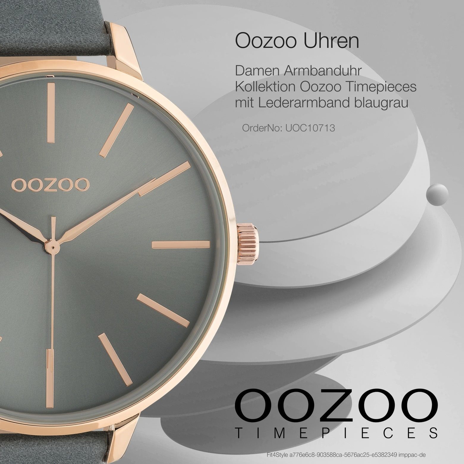 Oozoo blaugrau extra rund, Lederarmband, Damenuhr Quarzuhr (ca. groß Fashion-Style Analog, 48mm) Armbanduhr OOZOO Damen
