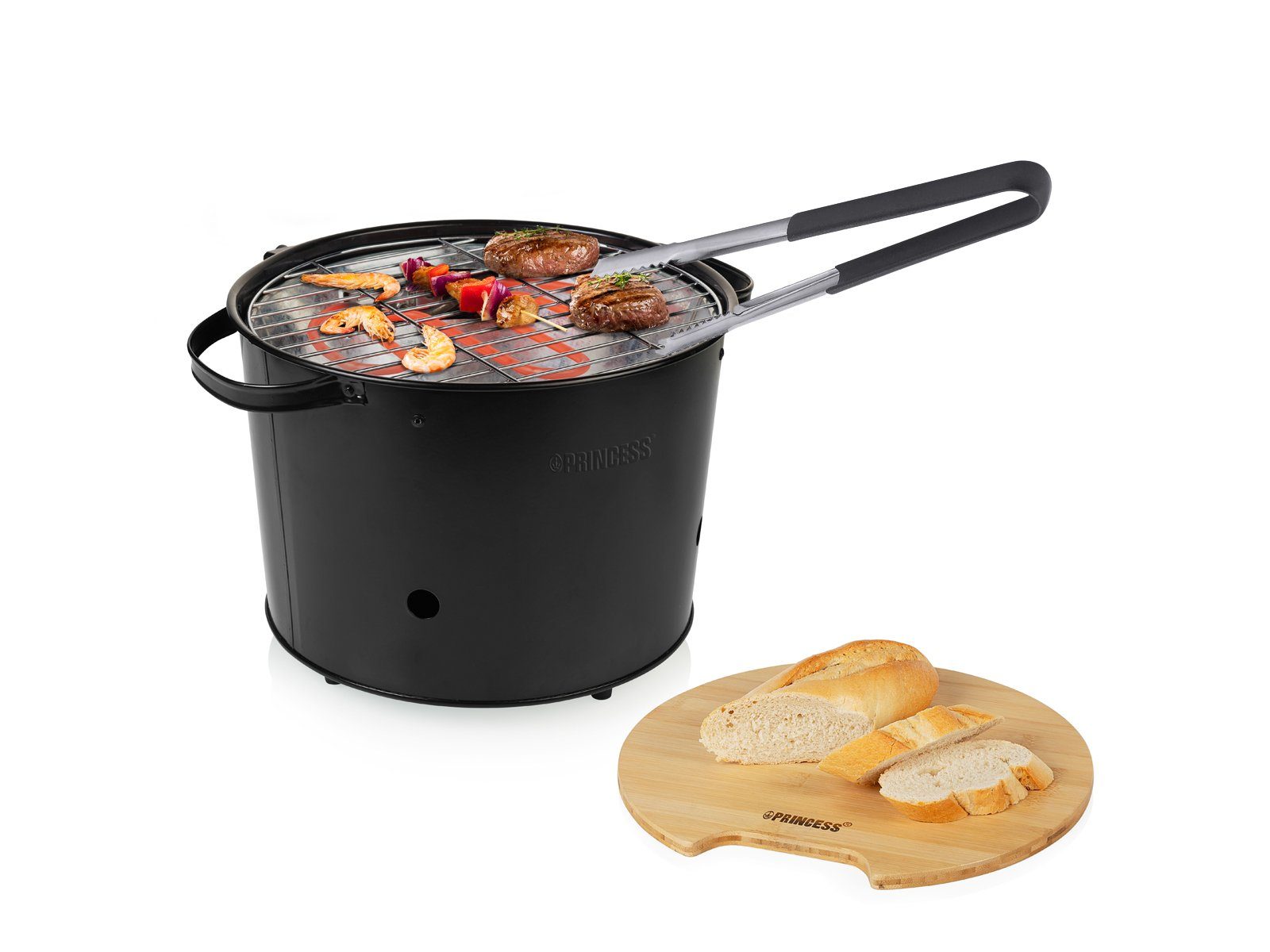 PRINCESS Tischgrill, 1400 W, Hybrid Holzgriller & Elektrogrill Barbecue Camper Grill-Geräte & Zange