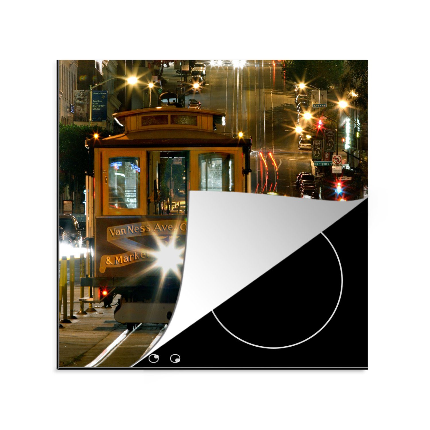 MuchoWow Herdblende-/Abdeckplatte Straßenbahn in San Francisco bei Nacht, Vinyl, (1 tlg), 78x78 cm, Ceranfeldabdeckung, Arbeitsplatte für küche