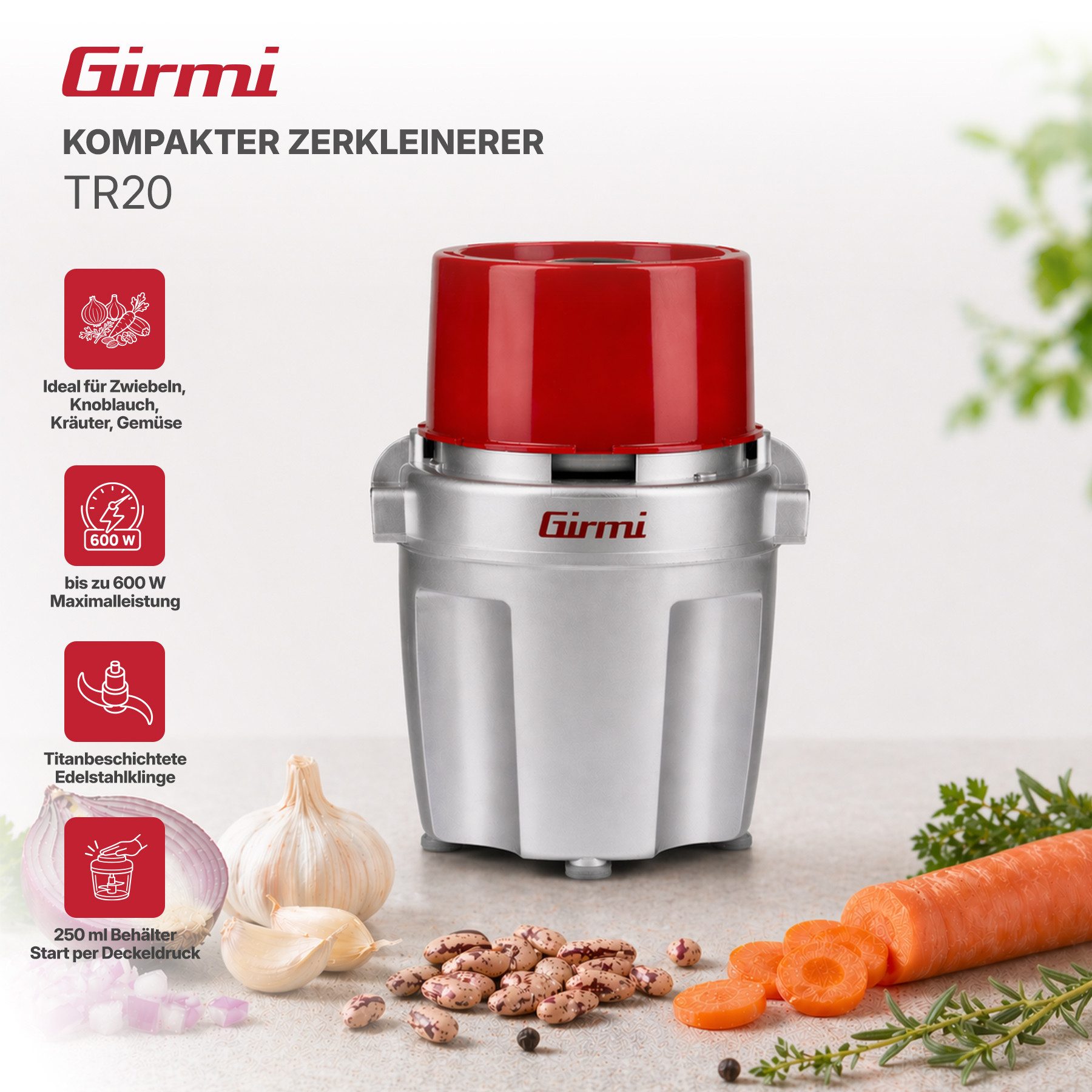 Girmi Zerkleinerer TR20 Gemüseschneider Chopper, 600 W, Titan-Klingen, Druckstart, 250 ml Behälter