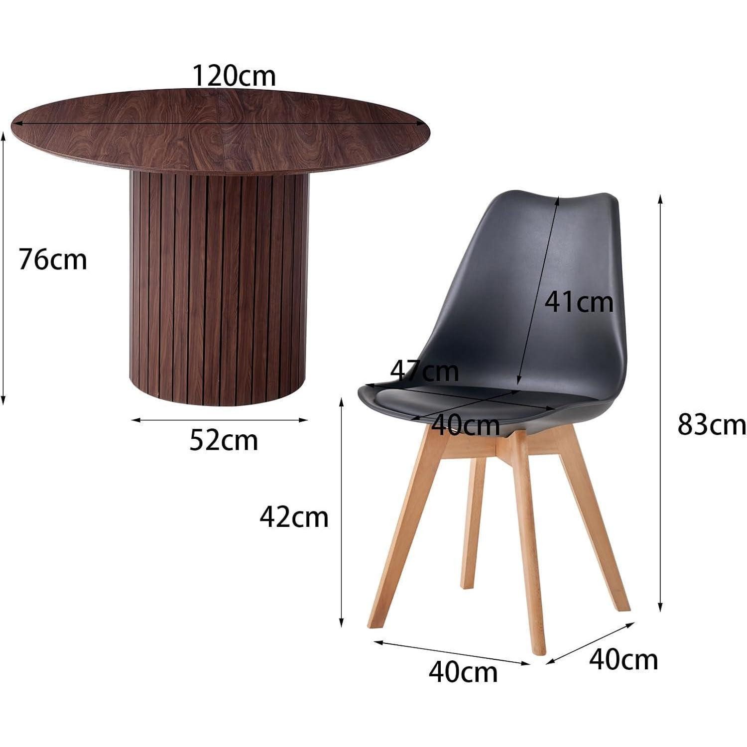 LuxusKollektion Essgruppe Esstisch rund 120cm MDF Holzfuß 1 Tisch 6 Stühle Dunkelbraun Schwarz