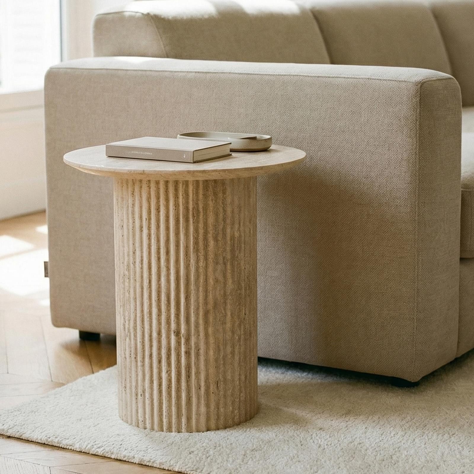 IDIMEX Beistelltisch TEBUR, Beistelltisch rund 45cm in Travertinoptik mit geriffeltem Design Beige