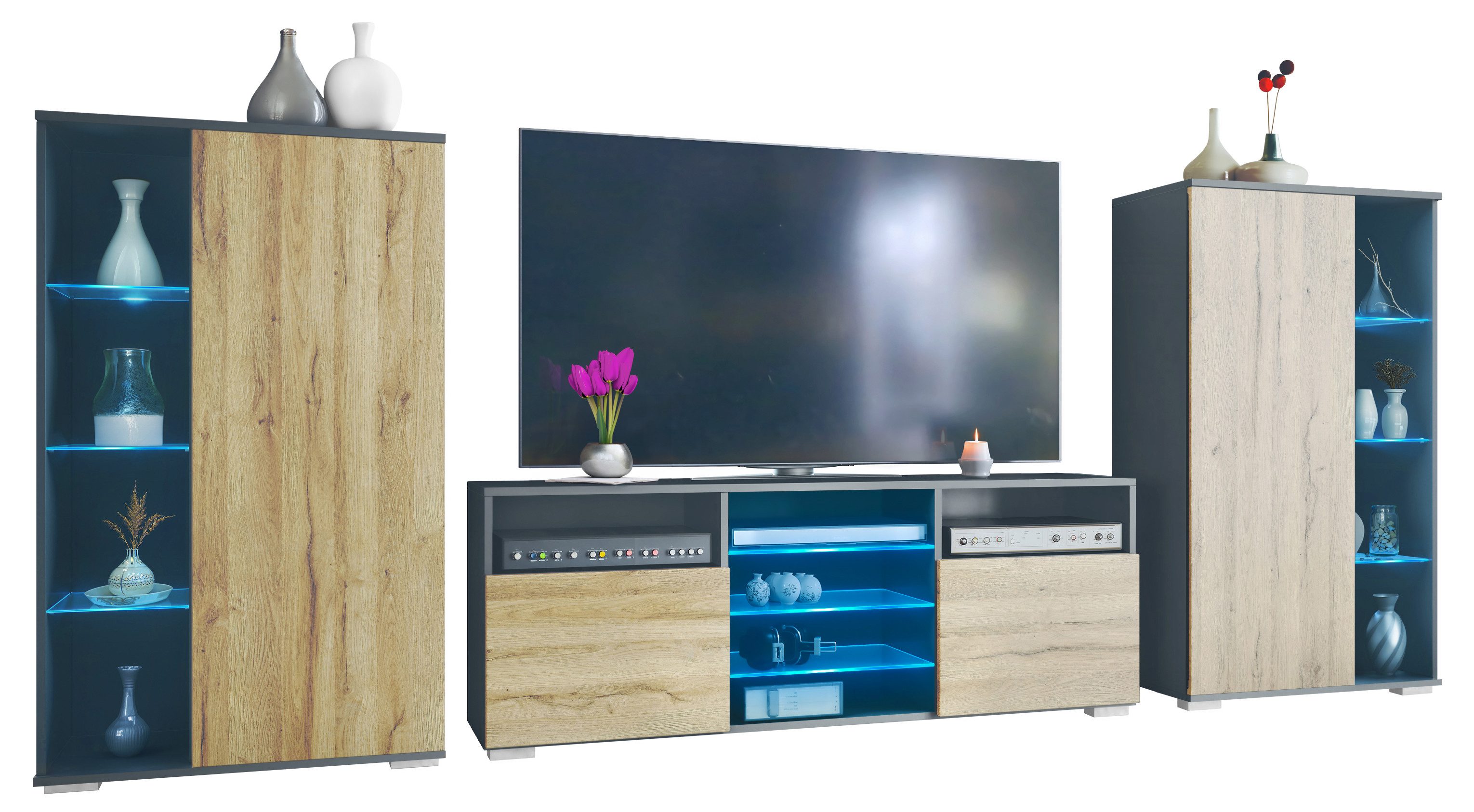 Vladon Wohnwand Davos, (Anbauwand, bestehend aus 2 Vitrinen, 1 TV-Board und LED-Beleuchtung), Anthrazit matt/Eiche Natur (329 x 134 x 35 cm)