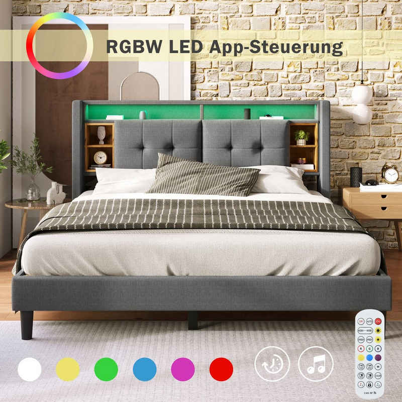 Ulife Polsterbett Doppelbett mit LED-Beleuchtung (Packung, 1 Bett), mit aufladen USB und LED-Beleuchtung Bettgestell