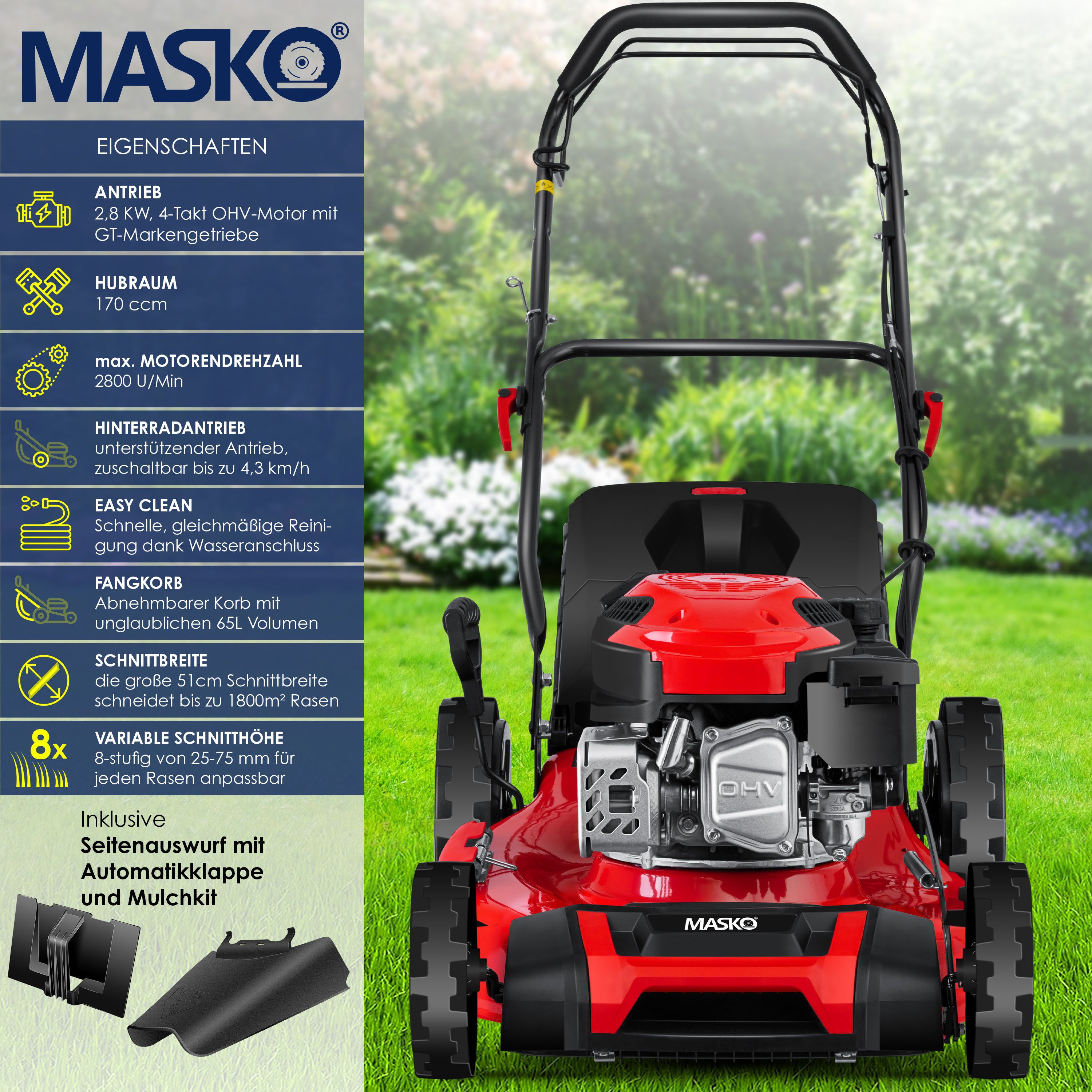 MASKO Benzinrasenmäher, 51 cm Schnittbreite, Rasenmäher mit Radantrieb, 4-Takt-Motor & Mulch-Funktion inkl Fangkorb