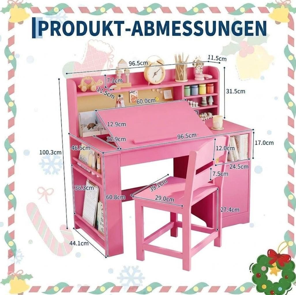 GarveeMore Kinderschreibtisch -Set mit Stuhl und Stauraum,Aufsatz,neigbarer Rückenlehne, Holztisch mit Aufbewahrungsschrank für Kinder von 3-8 Jahren