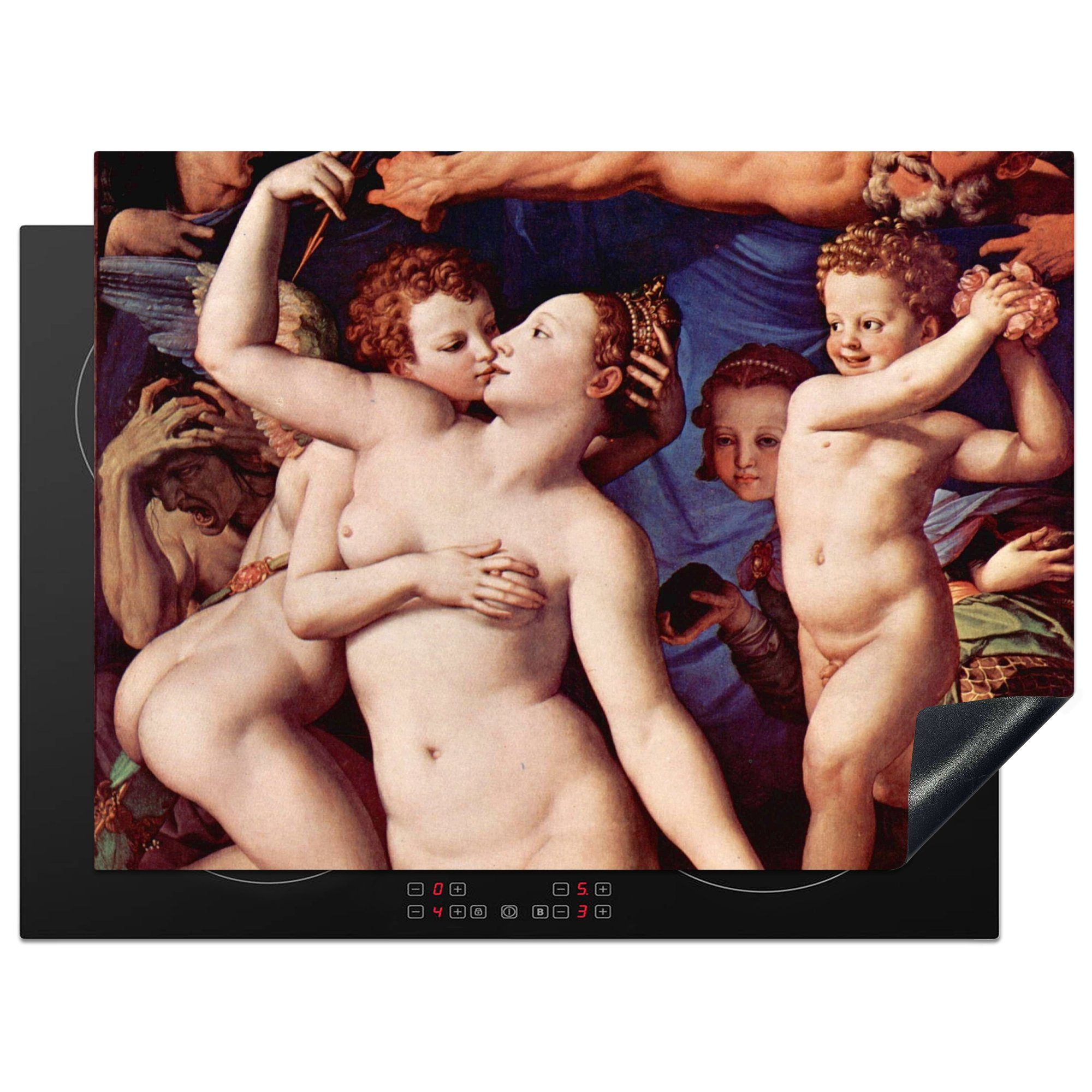 MuchoWow Herdblende-/Abdeckplatte Venus, Amor, Torheit und Zeit - Leonardo da Vinci, Vinyl, (1 tlg), 70x52 cm, Mobile Arbeitsfläche nutzbar, Ceranfeldabdeckung