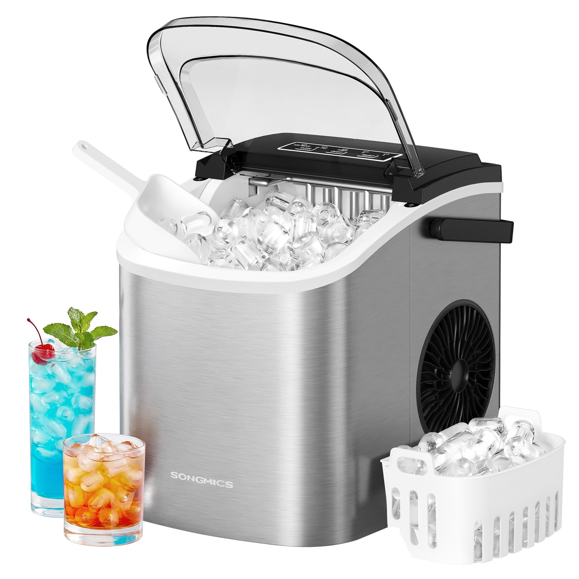 SONGMICS Eiswürfelmaschine mit Selbstreinigung, 9 Eiswürfel in 6 Minuten, 12 kg/24 Stunden, tragbar, Küche, WG, Party, Camping, Zuhause, Büro und Bar