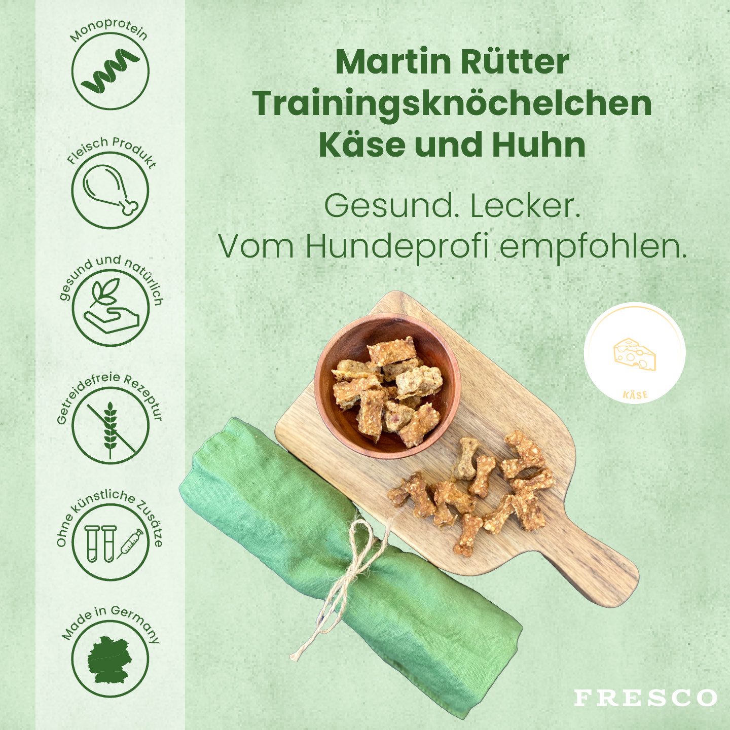 Fresco Dog Martin Rütter Trainingsknöchelchen Huhn mit Käse 1kg, Snack für: Hunde, Getreidefrei, zuckerfrei & 100% natürliche Zutaten