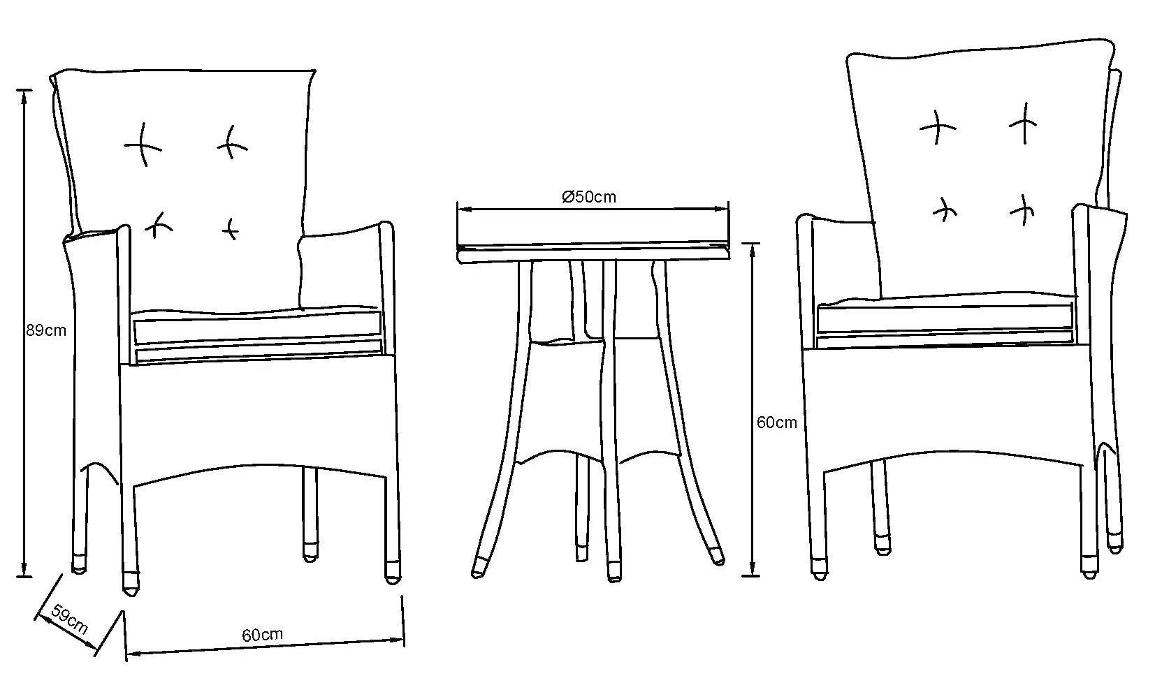 KONIFERA Garten-Essgruppe Balkonset "Mailand", (Set, 7-tlg., 2 Sessel, Tisch Ø 50 cm, inkl. Auflagen), Polyrattan, Tischplatte aus Sicherheitsglas, verzinkter Stahl