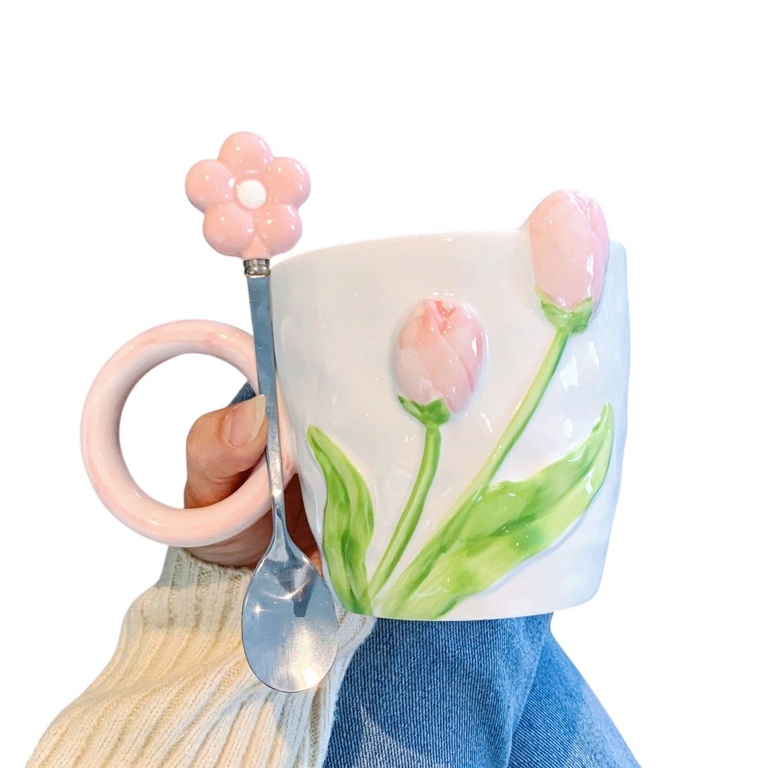 Dark-Desires Tasse Vintage Keramik-Tasse in rosa mit Tulpen-Motiv und Löffel