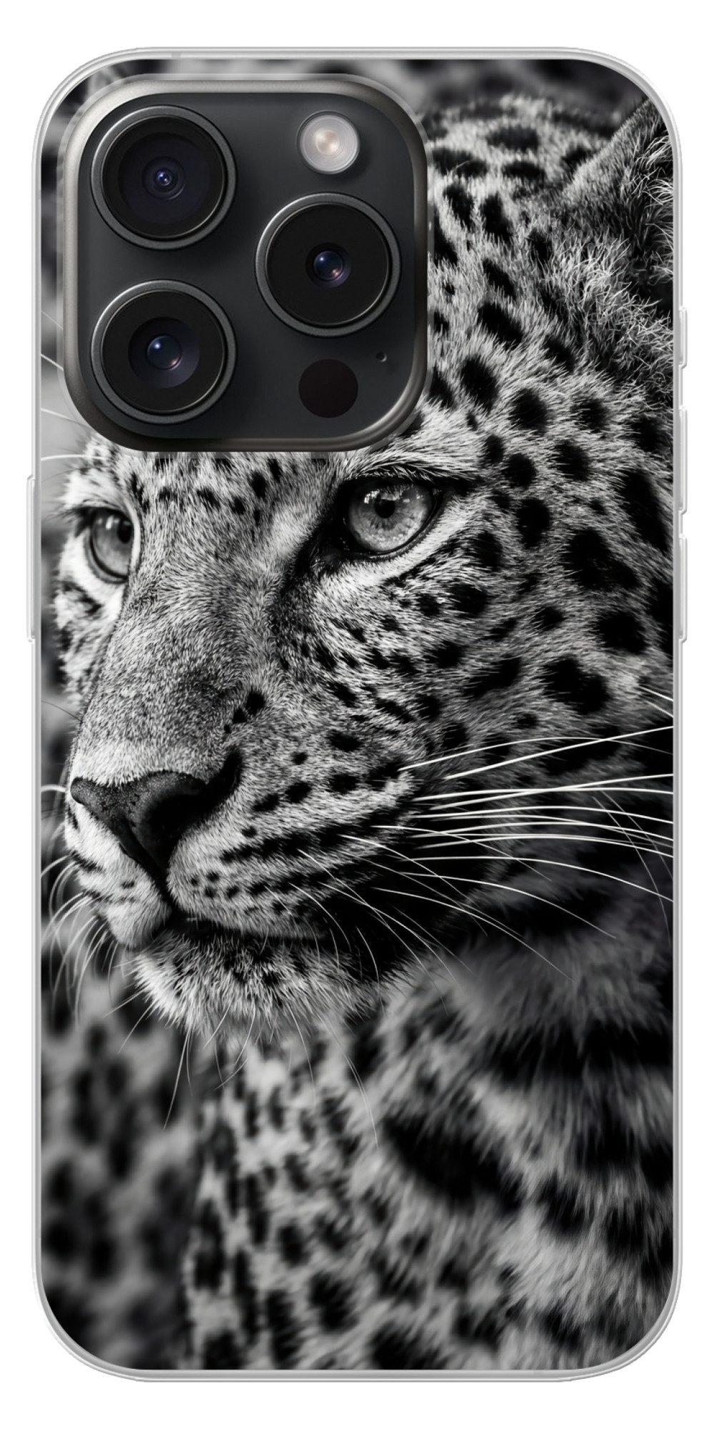 MuchoWow Handyhülle für Apple iPhone 15 Pro Leopard - Schwarz - Weiß - Auge, Smartphone-Bumper, Print, Handy Schutzhülle Dünn