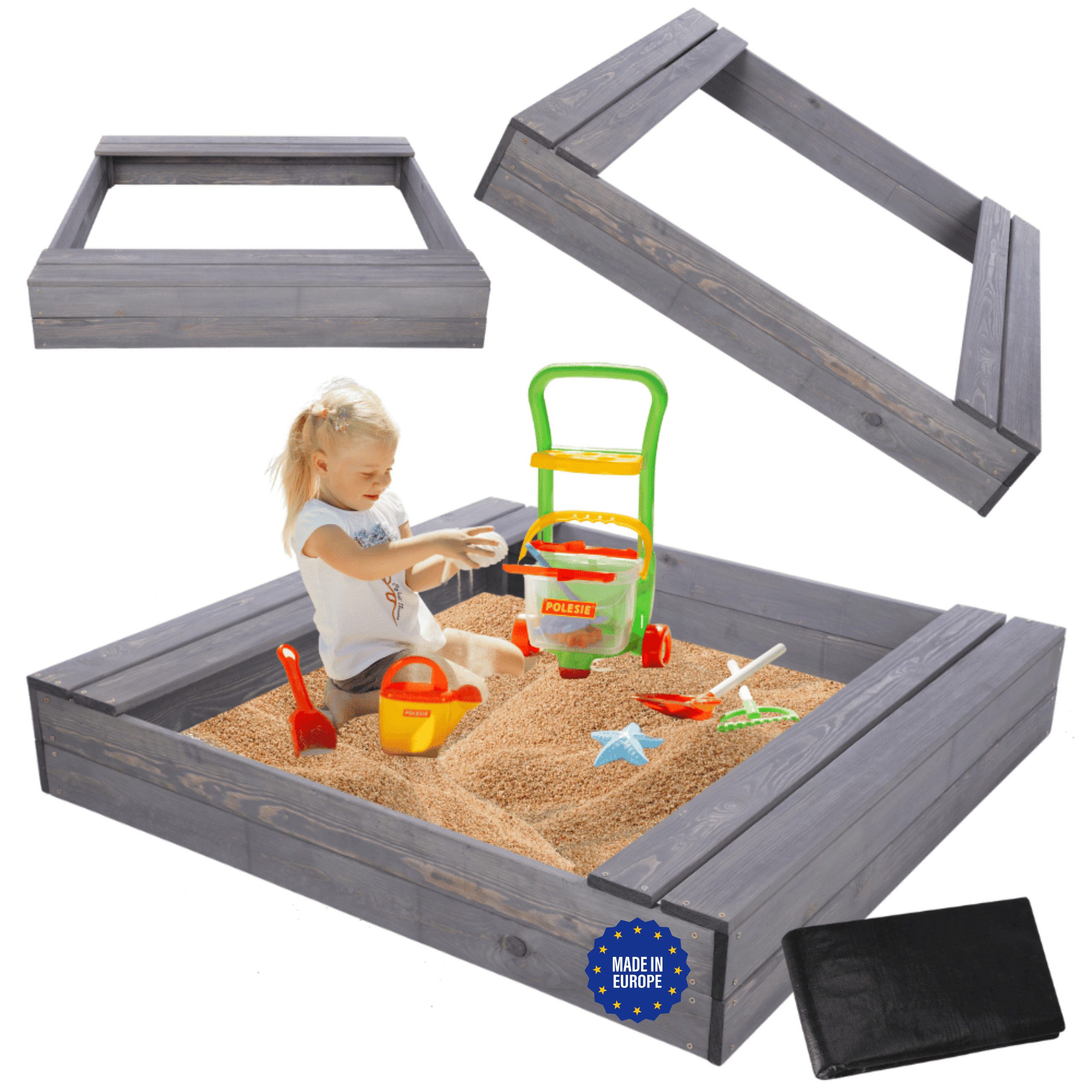 Modo24 Sandkasten Sandkasten mit Sitzbänken, Holzsandkasten, Gartenspielzeug, für Kinder, Sandkasten für Garten, Outdoor Sandkasten mit Bänken