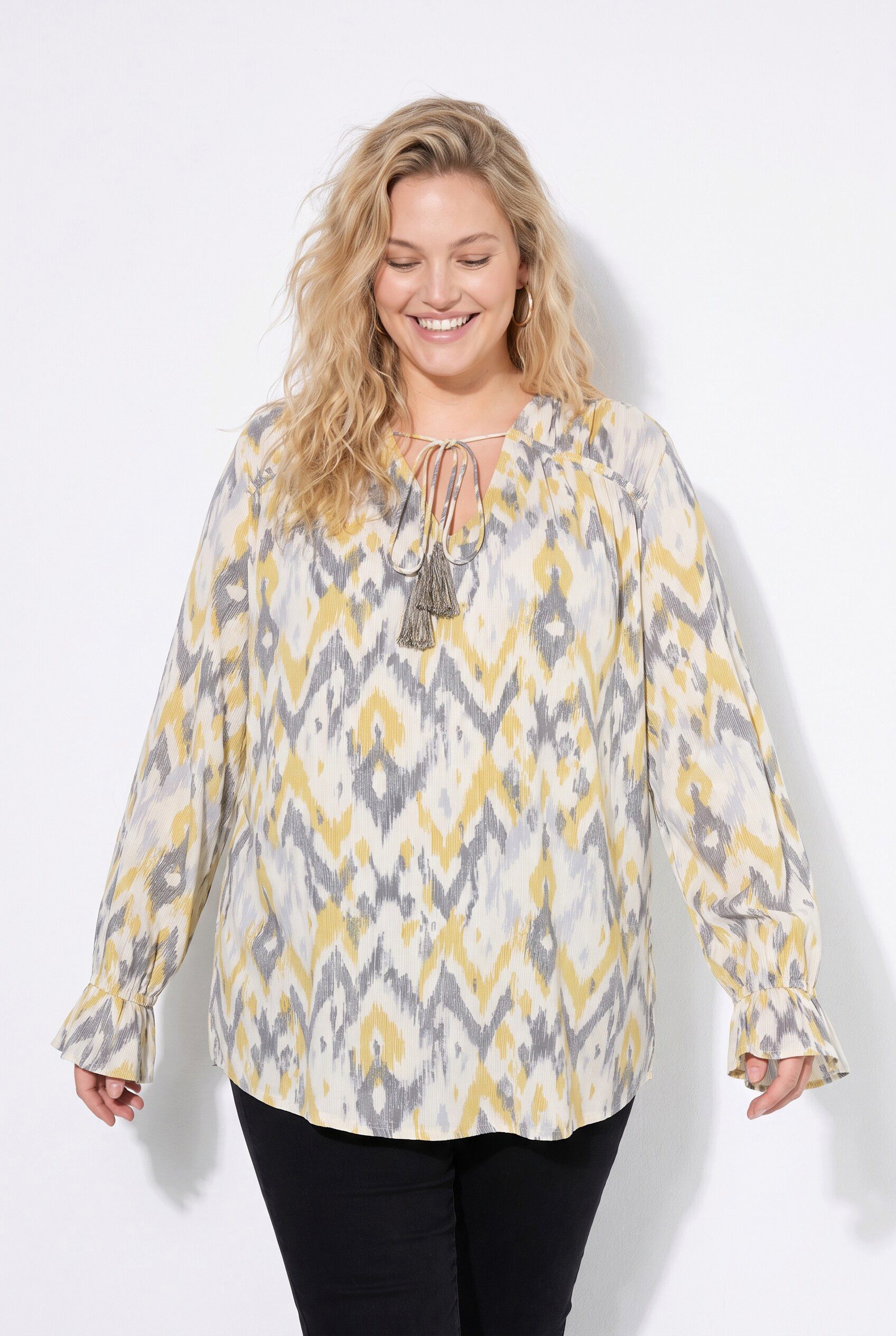 Ulla Popken Tunika Bluse A-Linie Muster Langarm mit Volant