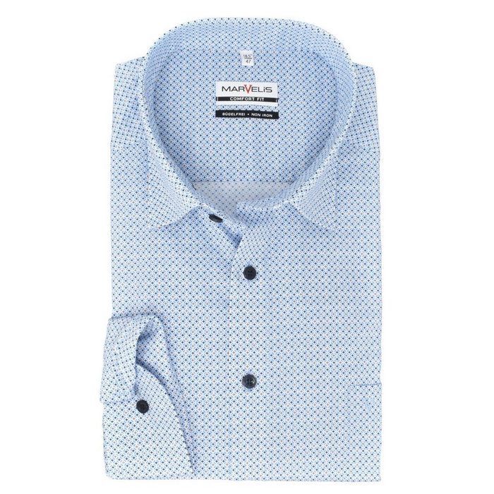 MARVELIS Businesshemd Businesshemd - Comfort Fit - Langarm - Muster - Blau/Cognac/Weiß Allover-Print