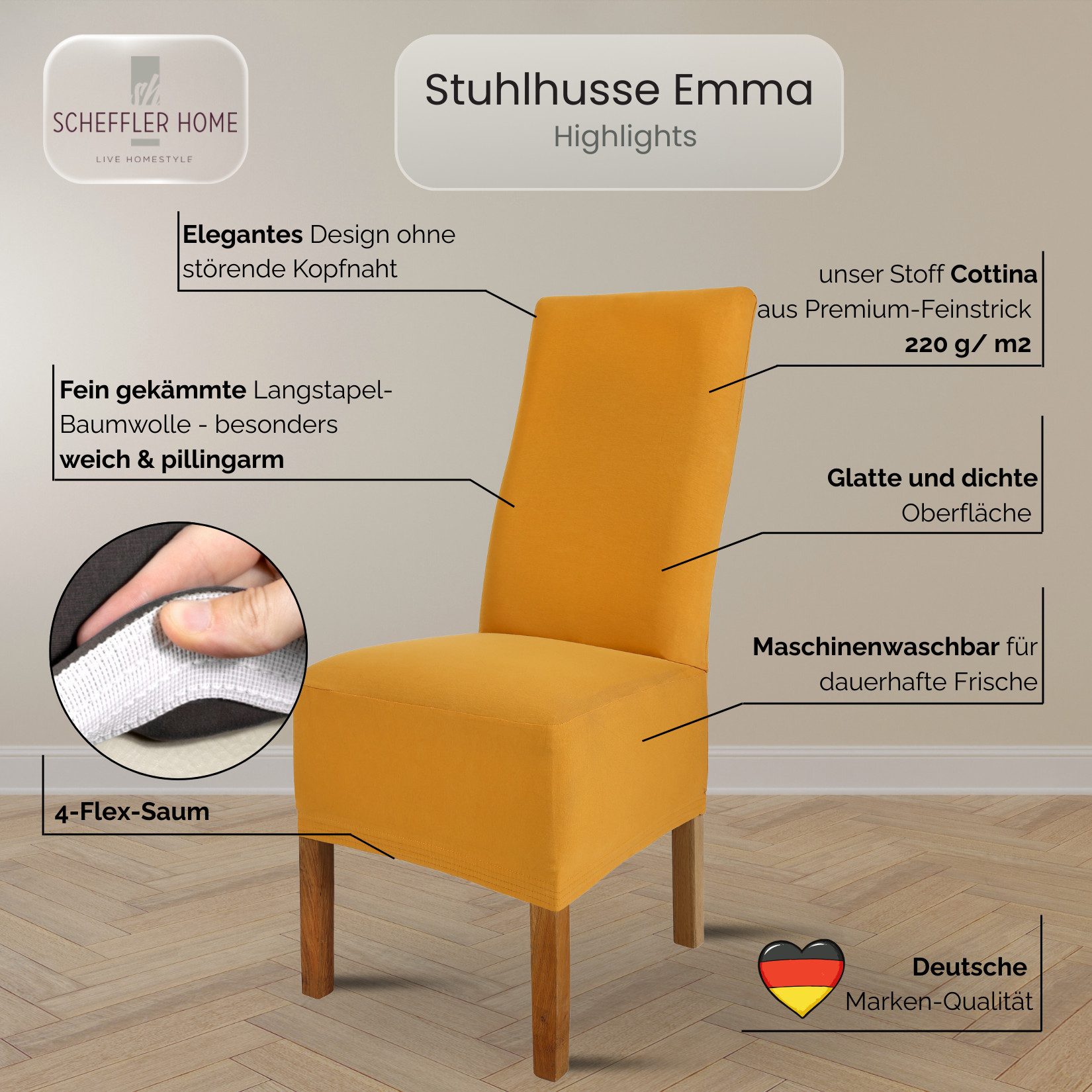 sh SCHEFFLER-HOME LIVE HOMESTYLE Stuhlhusse Moderner Stuhlbezug "Emma" aus elastischer Baumwolle Cottina, abnehmbarer & waschbarer Spannbezug für Stühle – Bild 3 von 5