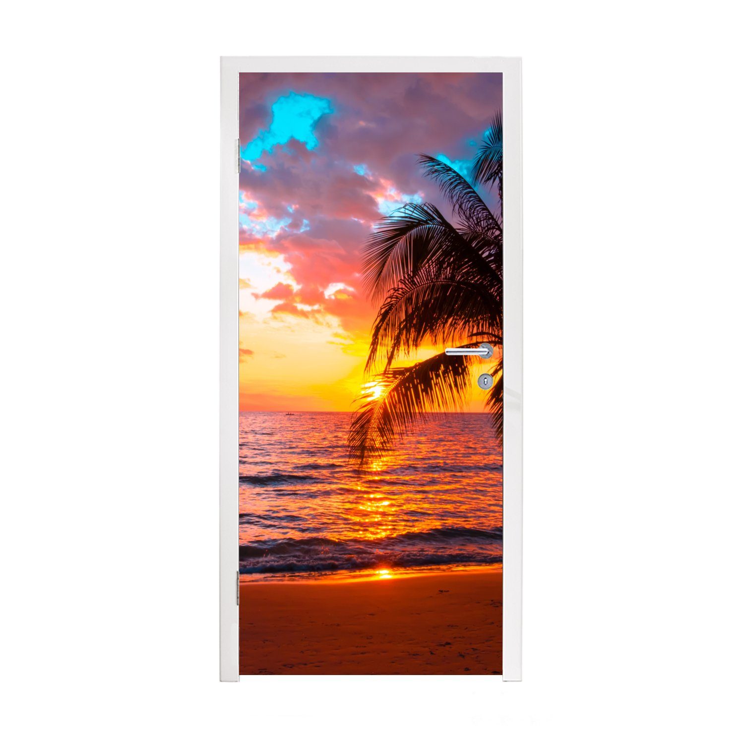MuchoWow Türtapete Palme - Sonnenuntergang - Strand - Meer - Horizont, Matt, bedruckt, (1 St), Fototapete für Tür, Türaufkleber, 75x205 cm