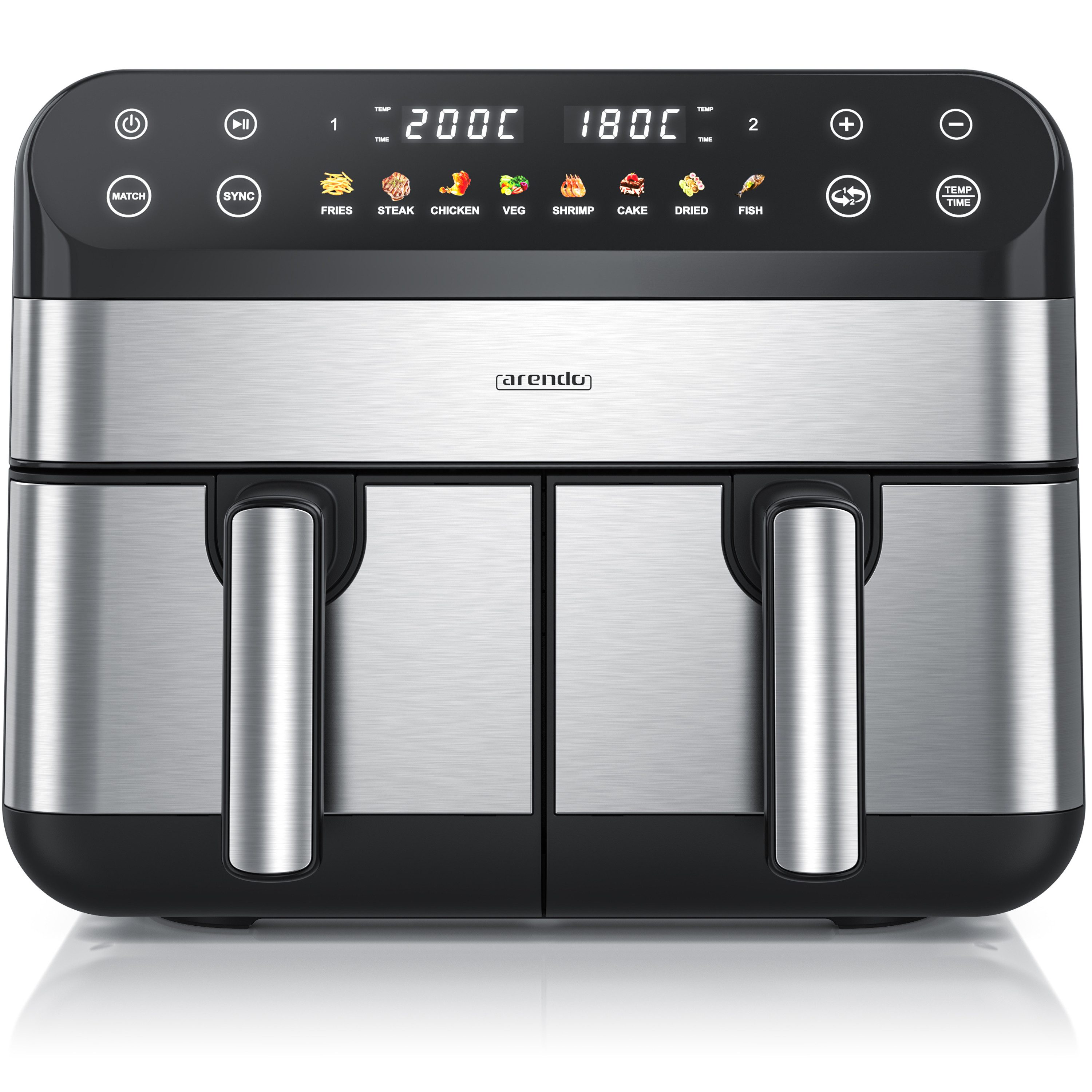 Arendo Heißluftfritteuse XXL Doppelkammer Airfryer 9L, Dual Zone, Backofen, Dörrautomat, 2400 W, mit Zubehör, Touchscreen, 3D Umluftsystem, fettarmes gesundes Kochen
