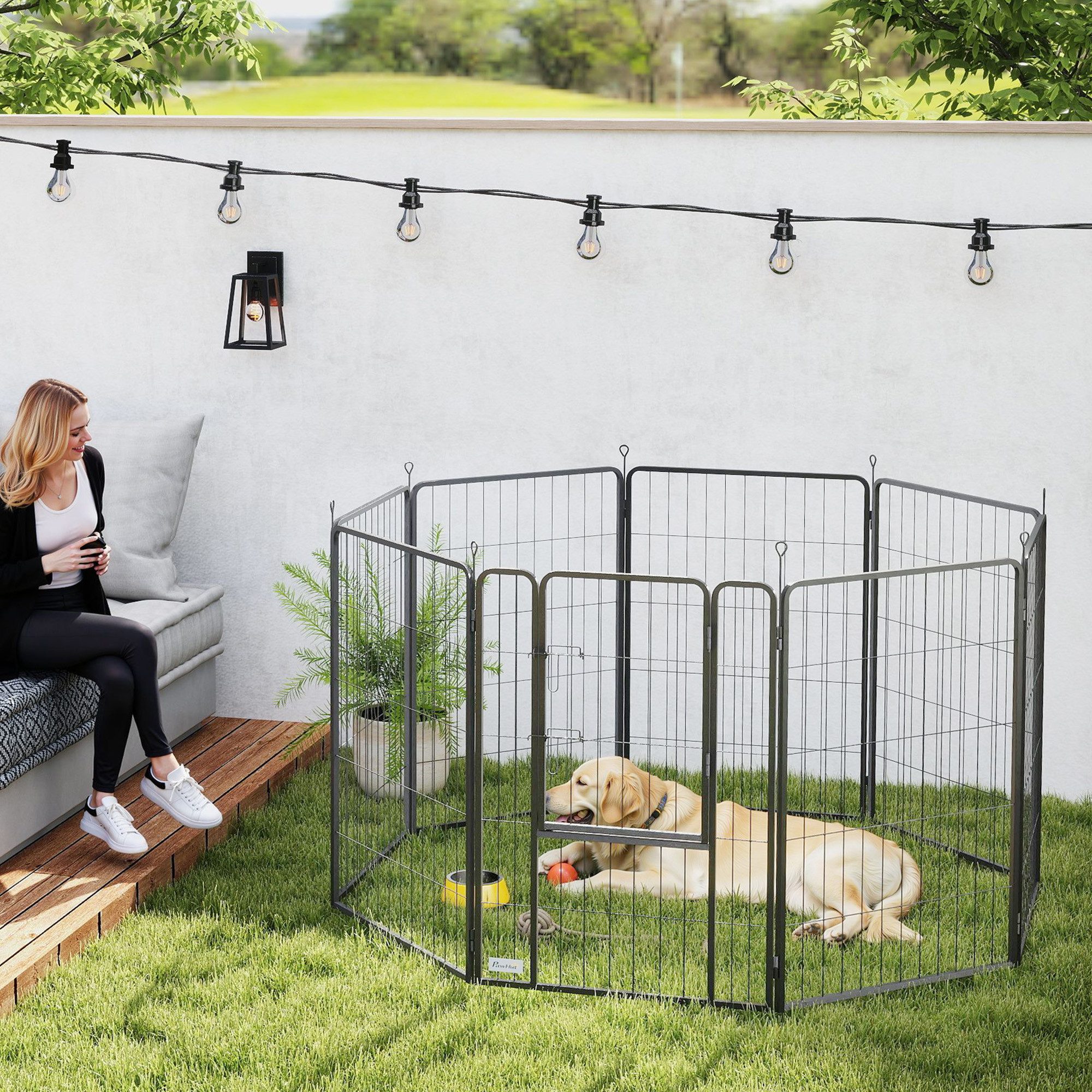 PawHut Freigehege Welpenlaufstall 6-teilig 100 cm hoch Welpenauslauf Faltbar mit Tür, 100cm hoch, für Hund, Katze, für drinnen, draußen von PawHut