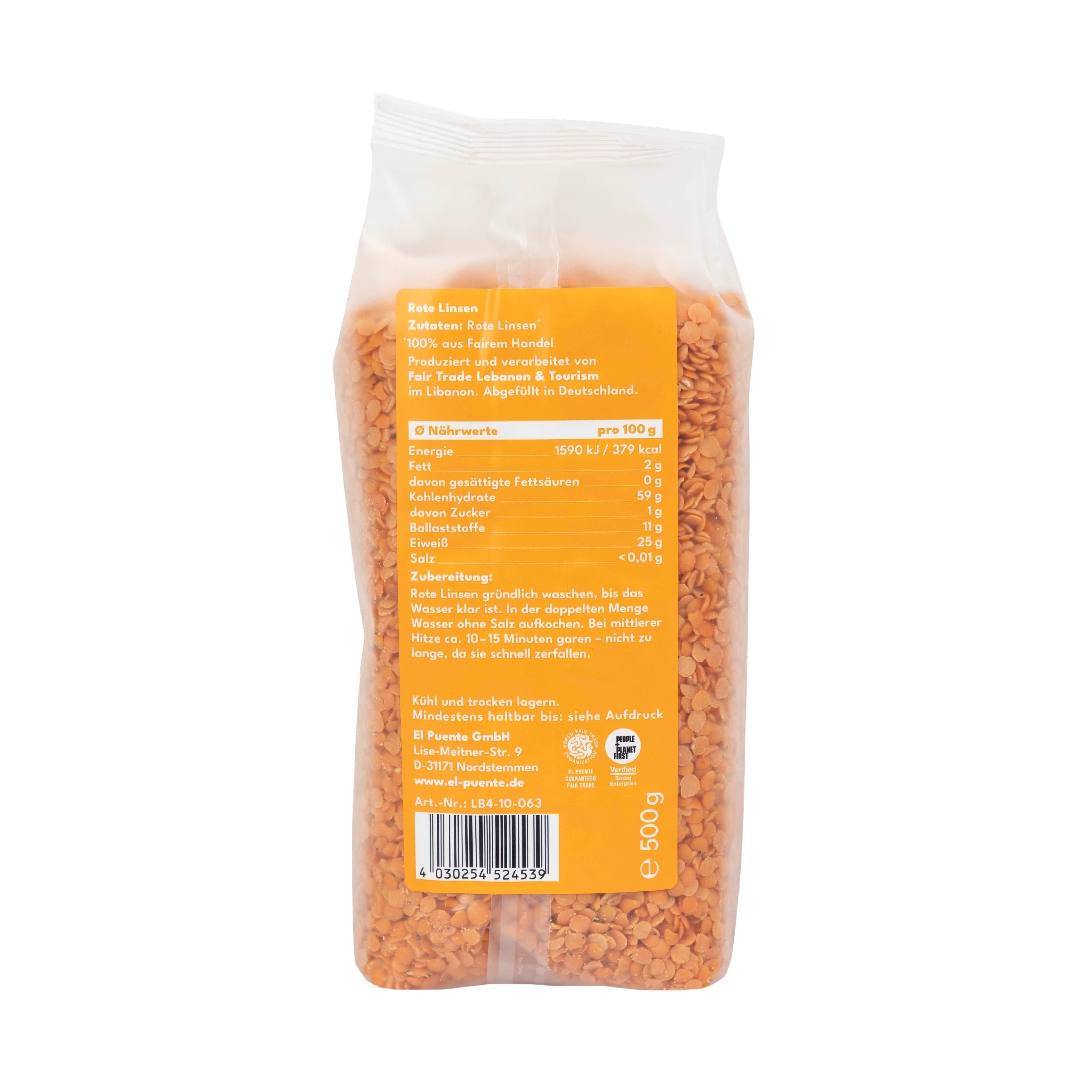 El Puente Hülsenfrüchte Rote Linsen geschält, Fair Trade, Vegan, Glutenfrei, Handmade