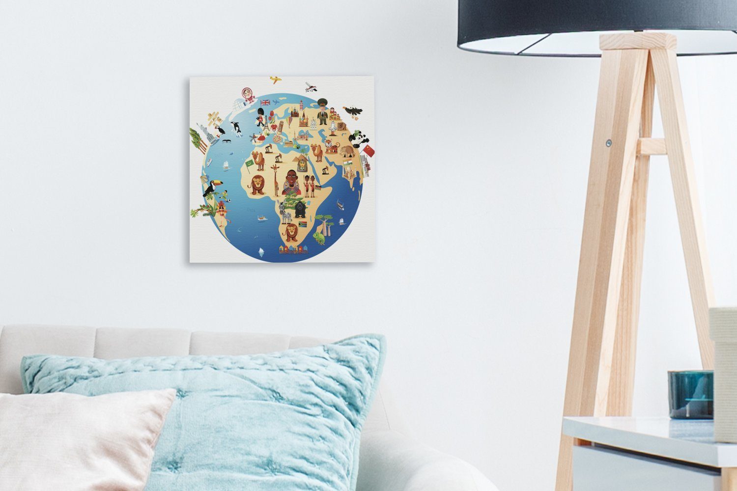 (1 Cartoon-Illustration Schlafzimmer mit Weltkarte OneMillionCanvasses® einer St), Symbolen, Leinwandbild Wohnzimmer für kreisförmigen Bilder Leinwand