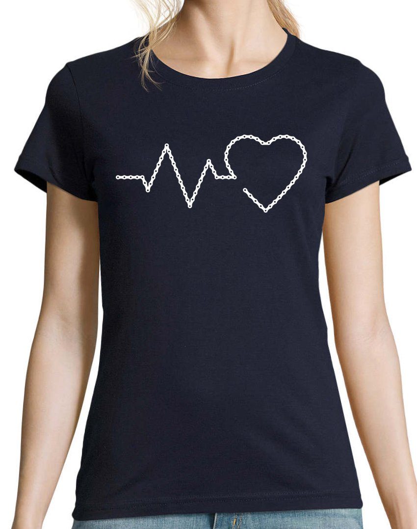 Youth Designz T-Shirt Heartbeat Damen Fahrradkette Shirt trendigem mit Navyblau Frontprint