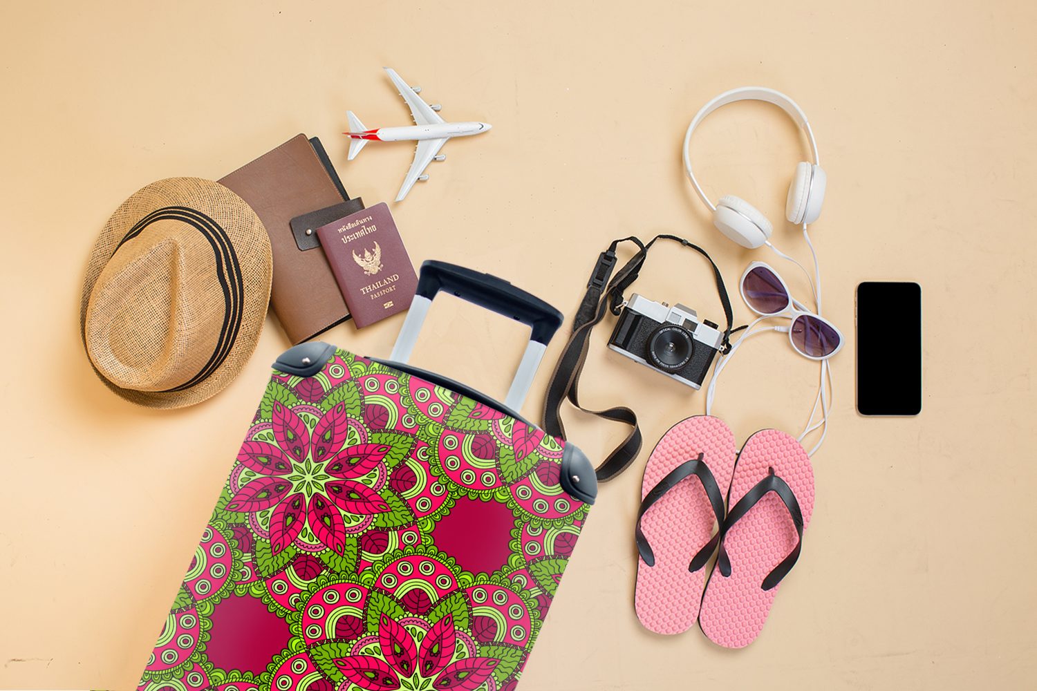 MuchoWow Handgepäckkoffer Hippie - Mandala Trolley, 4 mit Reisetasche für Ferien, Entwurf, Blumen - Handgepäck - rollen, Reisekoffer Rollen