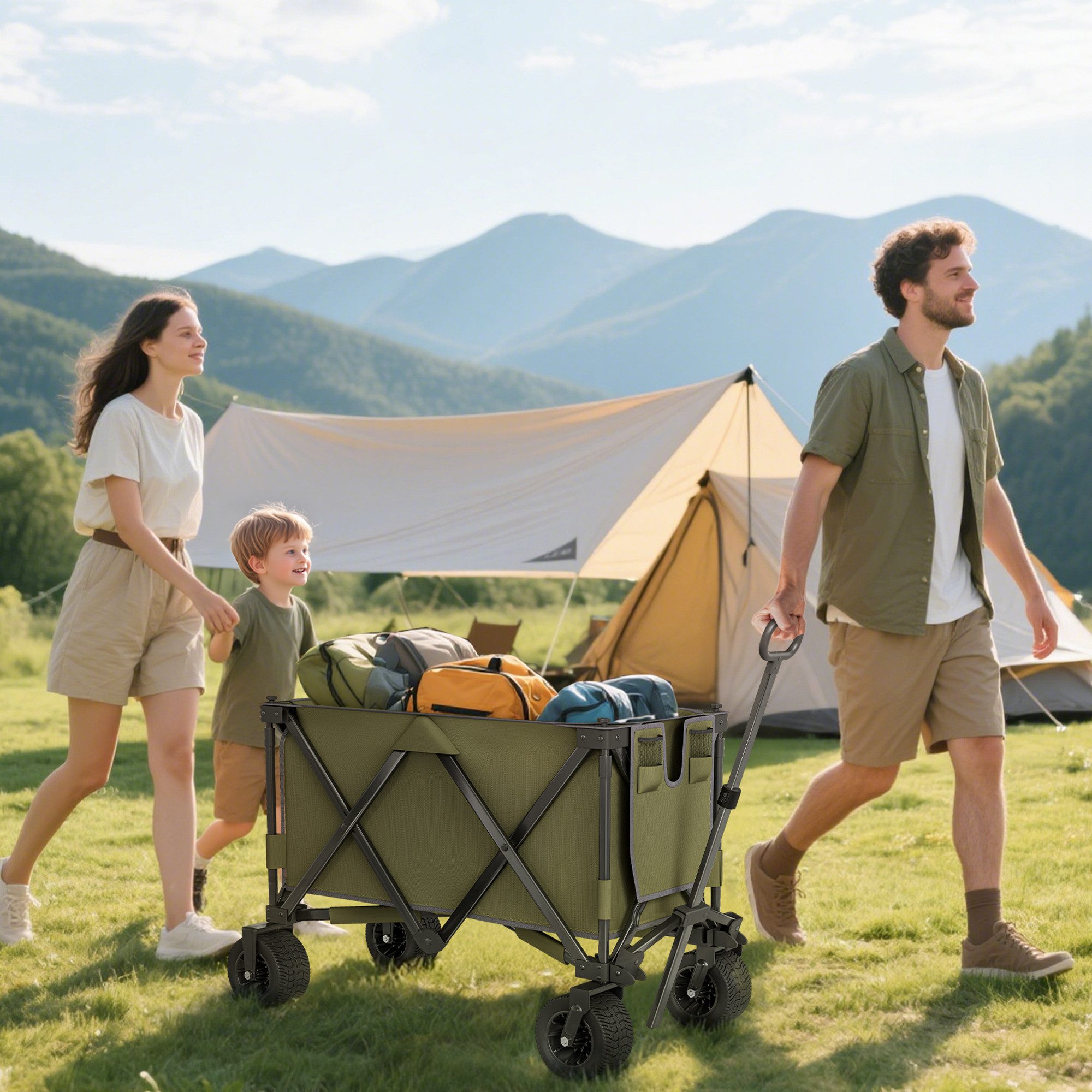 Outsunny Fahrradlastenanhänger Transportwagen mit Verstellbarem Griff, Strandwagen mit Taschen, für Garten, Balkon, Grün