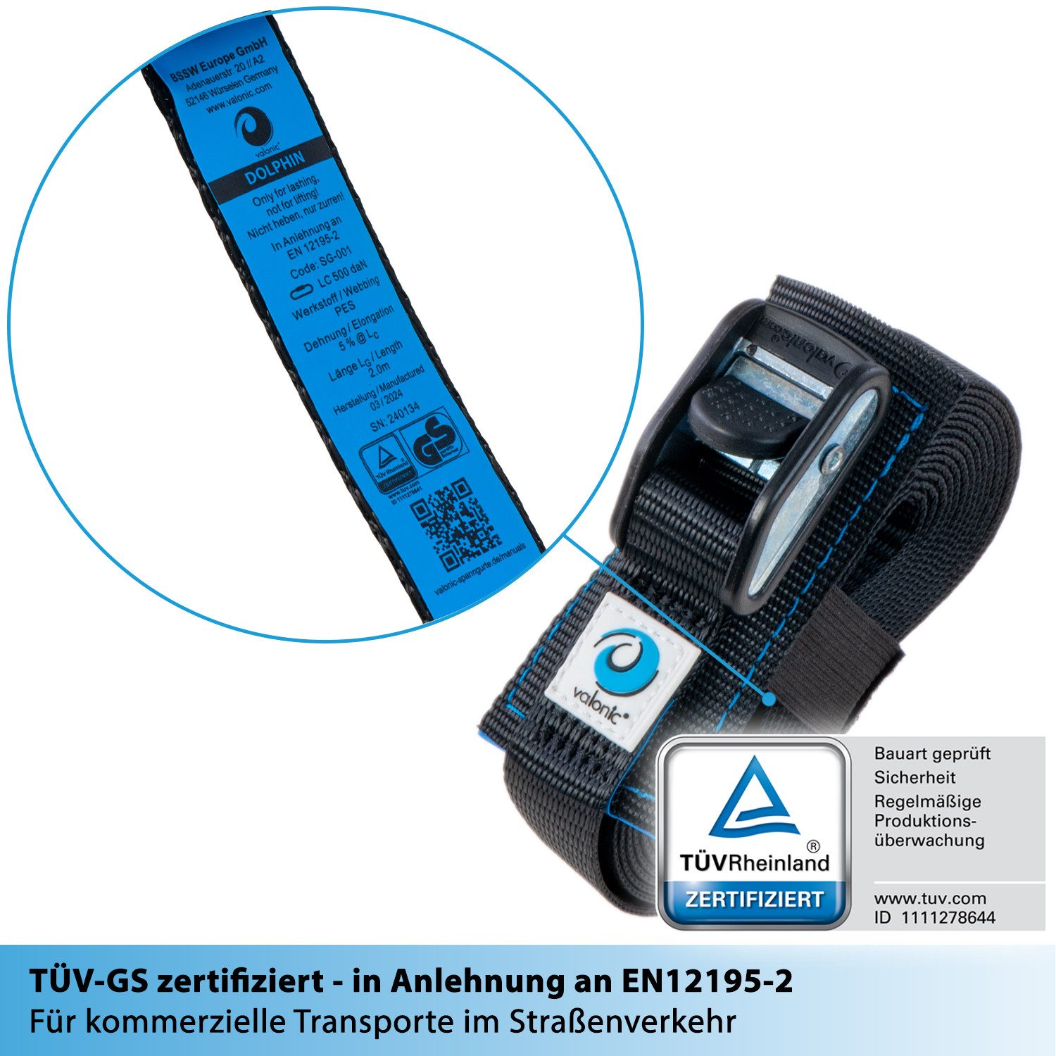 valonic Spanngurt valonic DOLPHIN Spanngurte 2x 1-6m Klemmschloss TÜV-GS 500kg Zurrgurte (2er Set, 2-St., 2 Stück Klemmschlussgurt) Spanngurt für SUP Board oder Kajak